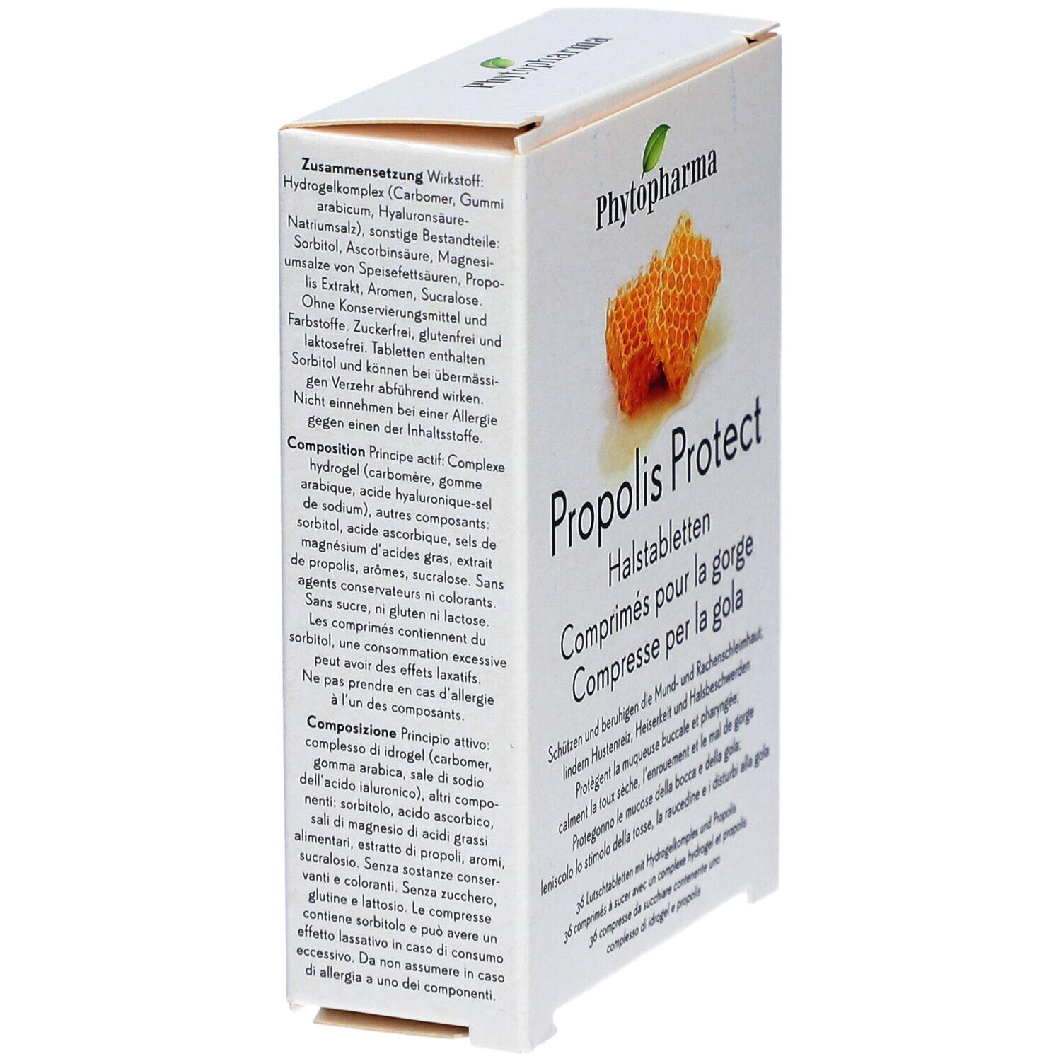 Doosje Phytopharma Propolis Protect Halstabletten. Ingrediëntenlijst en tekst in Duits, Frans, Italiaans.