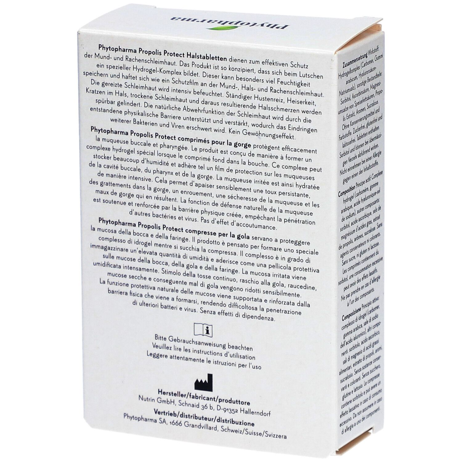 Achterkant verpakking Phytopharma Propolis Protect Halstabletten. Tekst in Duits, Frans, Italiaans.