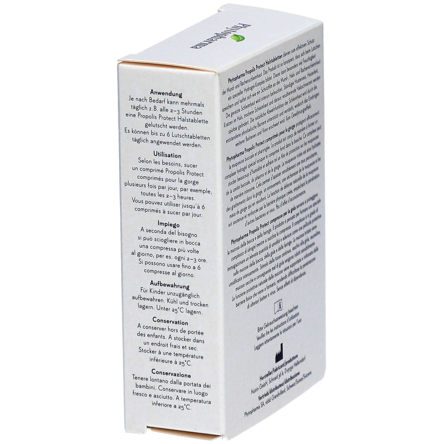 Verpakking Phytopharma Propolis Protect Halstabletten. Gebruiksaanwijzing en bewaaradvies. Tekst in Duits.