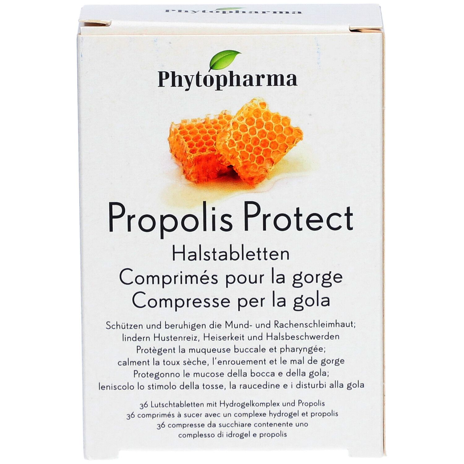 Doosje Phytopharma Propolis Protect Halstabletten. Honingraat illustratie. Tekst in Duits, Frans, Italiaans.