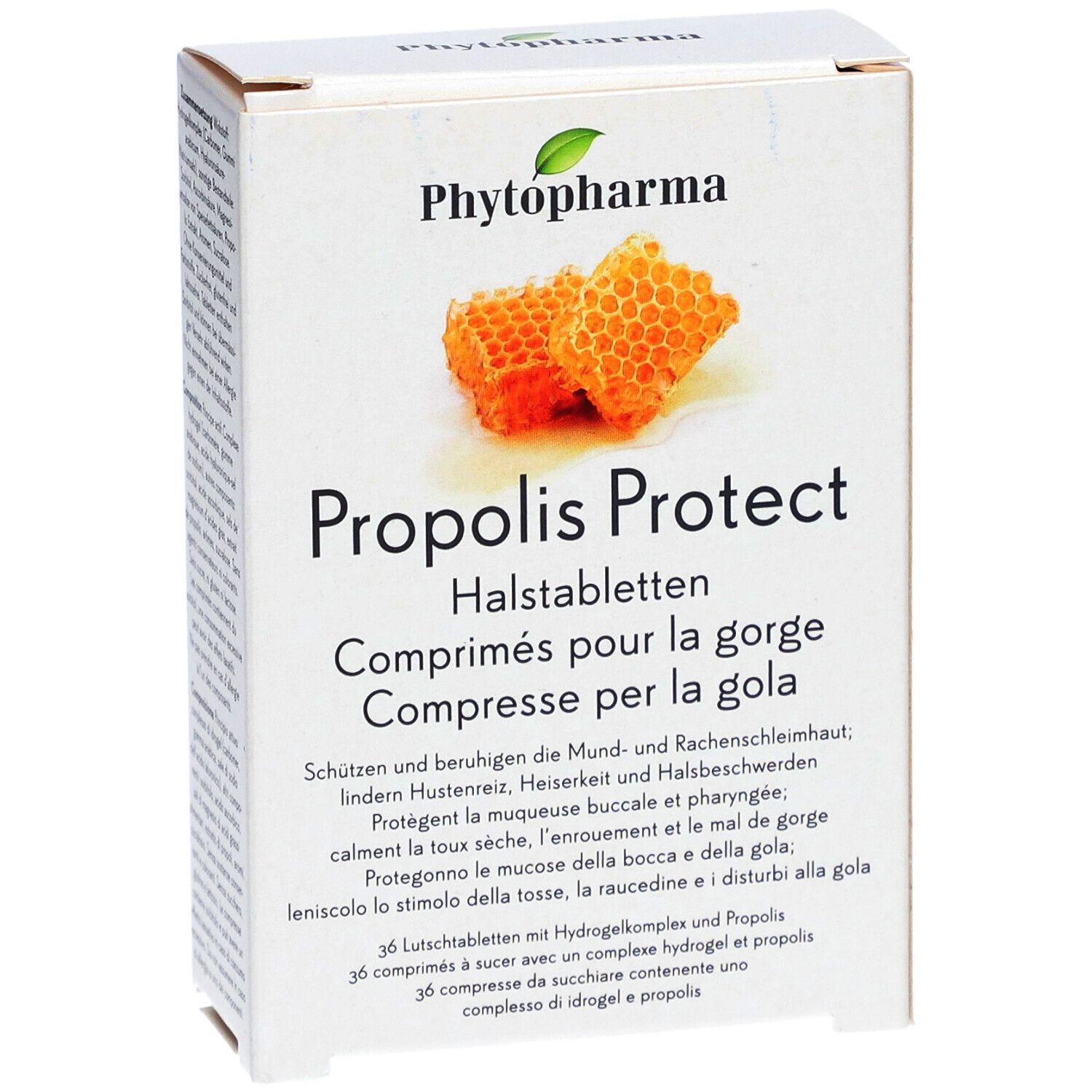 Doosje Phytopharma Propolis Protect Halstabletten. Honingraat illustratie. Tekst in Duits, Frans, Italiaans.