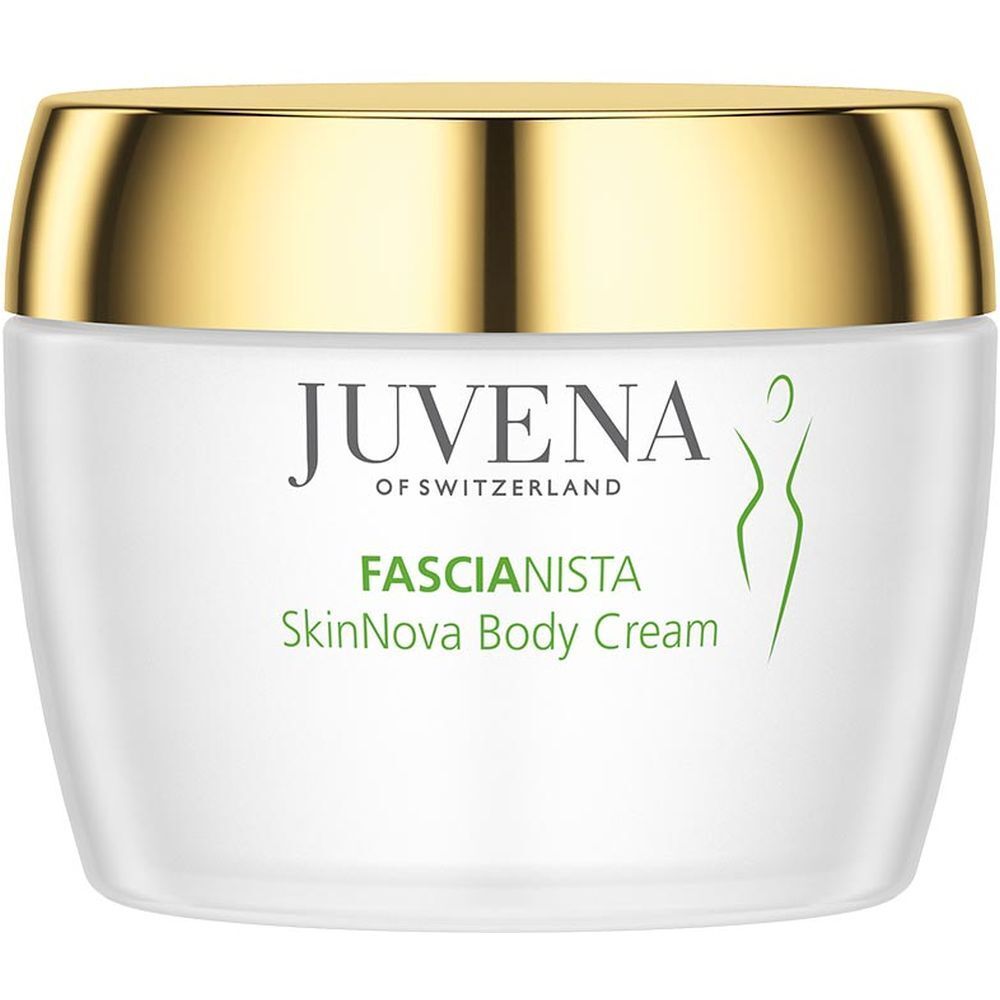 Pot de crème blanc avec couvercle doré. Inscription: Juvena, Fascionista SkinNova Body Cream.