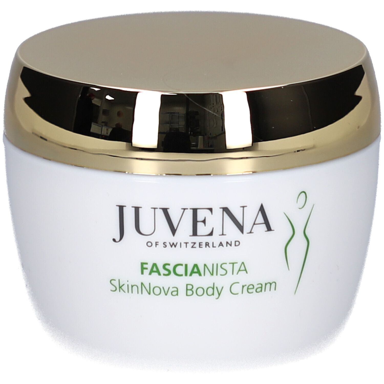 Pot de crème blanc avec couvercle doré. Inscription: Juvena, Fascionista SkinNova Body Cream.