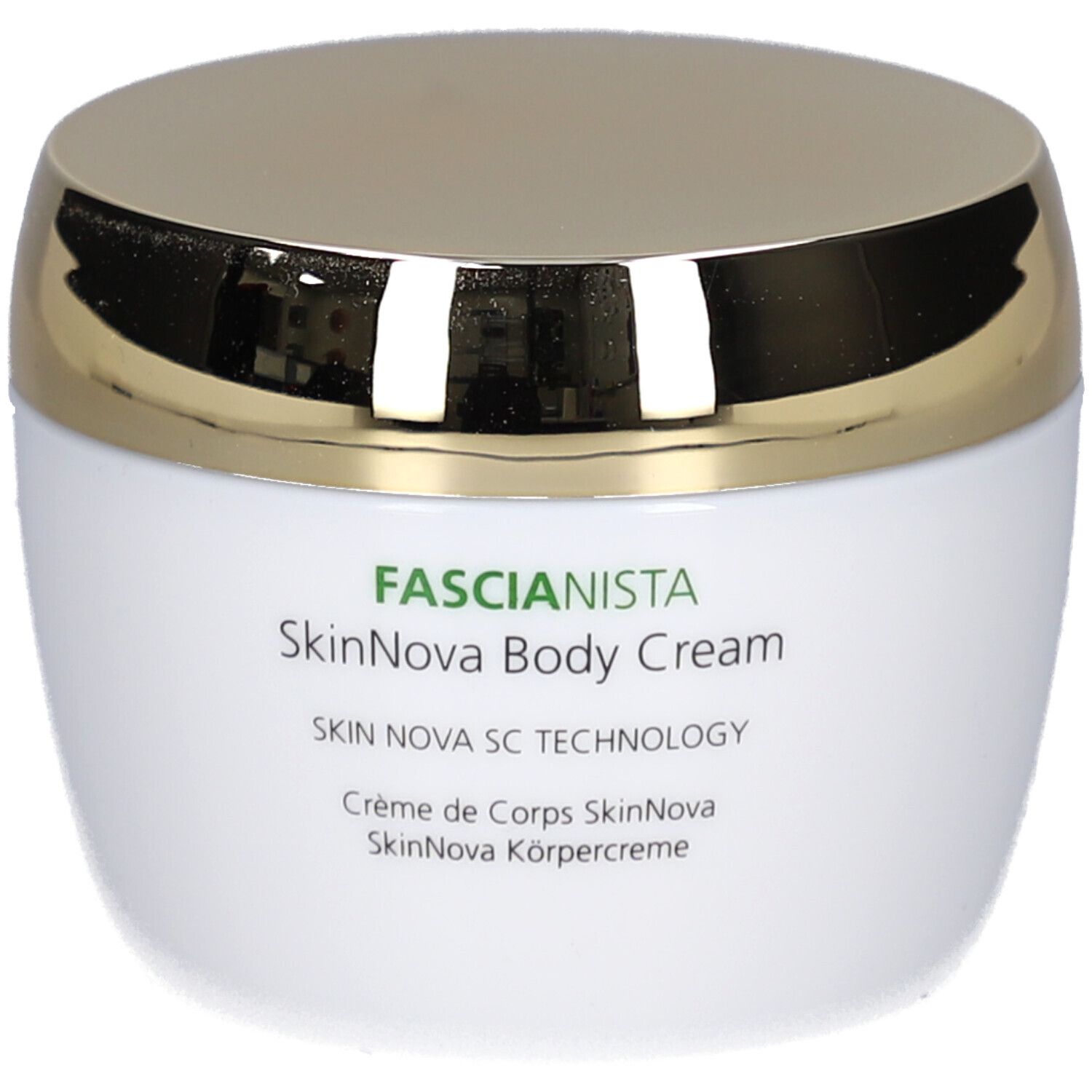 Pot de crème blanc avec couvercle doré. Inscription: Juvena, Fascionista SkinNova Body Cream.