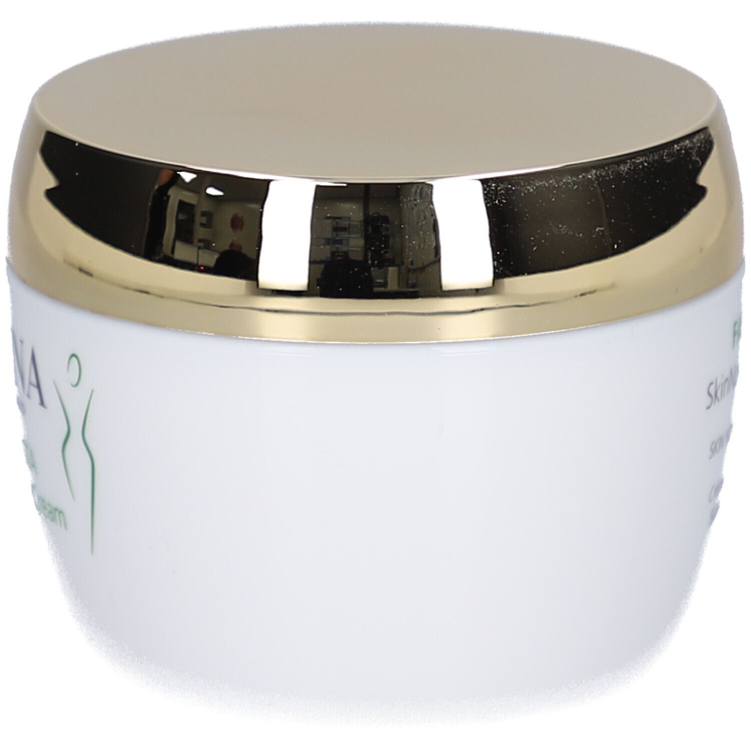 Pot de crème blanc avec couvercle doré. Inscription: Juvena, Fascionista SkinNova Body Cream.