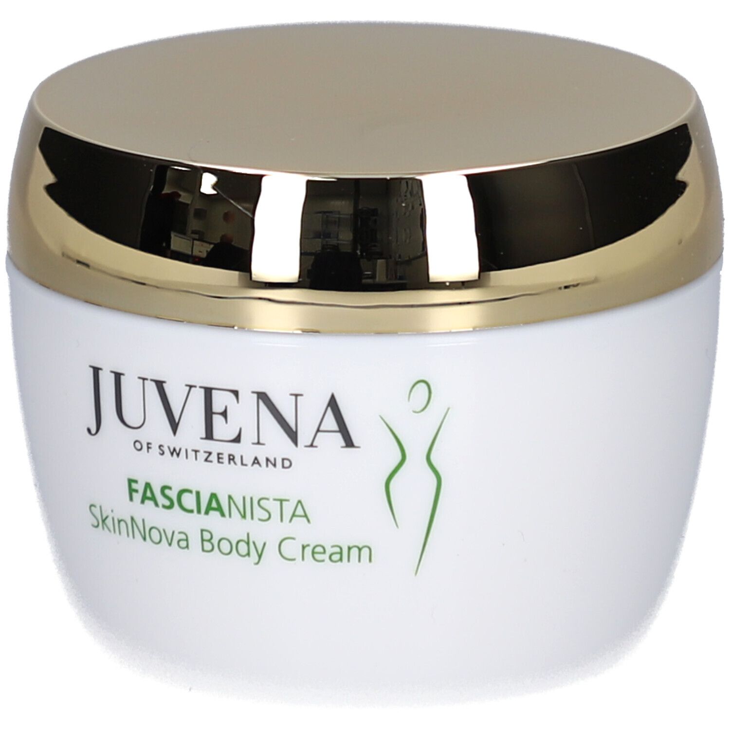 Pot de crème blanc avec couvercle doré. Inscription: Juvena, Fascionista SkinNova Body Cream.