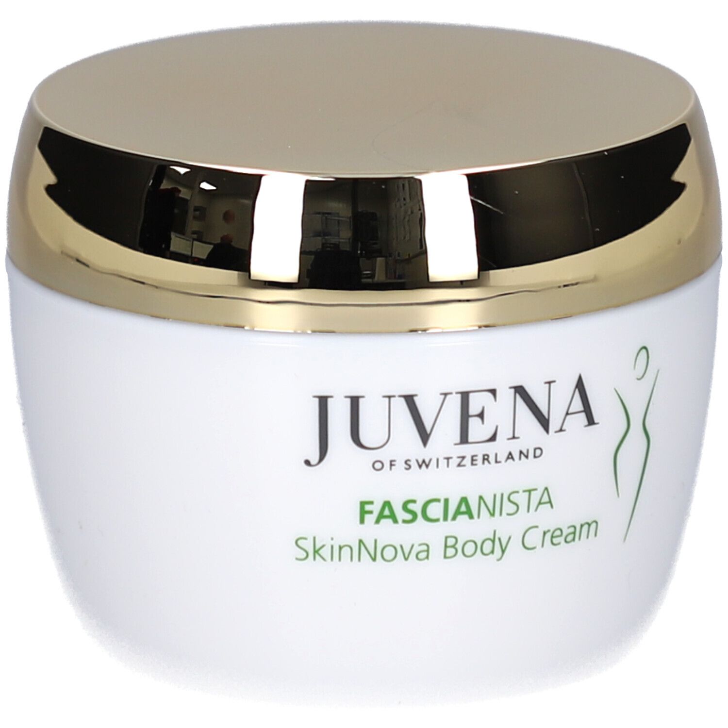 Pot de crème blanc avec couvercle doré. Inscription: Juvena, Fascionista SkinNova Body Cream.