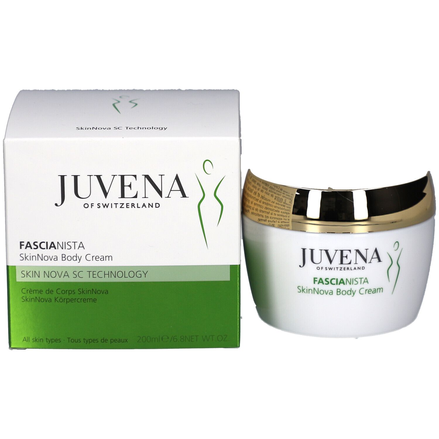 Emballage et pot de crème. Inscription: Juvena, Fascionista SkinNova Body Cream.