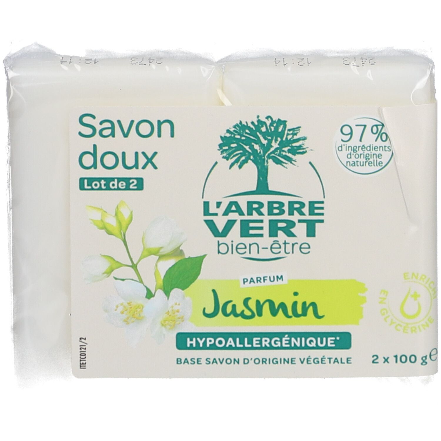 Deux savons emballés. Inscription: L'ARBRE VERT, Jasmin, hypoallergénique, 97% ingrédients naturels.