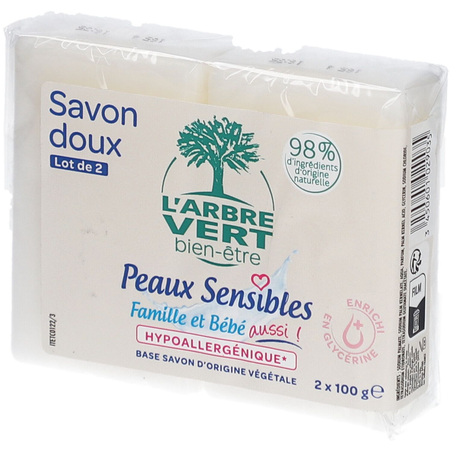 Emballage de deux savons. Inscriptions: L'ARBRE VERT, Savon doux, Peaux Sensibles, 98% ingrédients naturels, 2 x 100g.