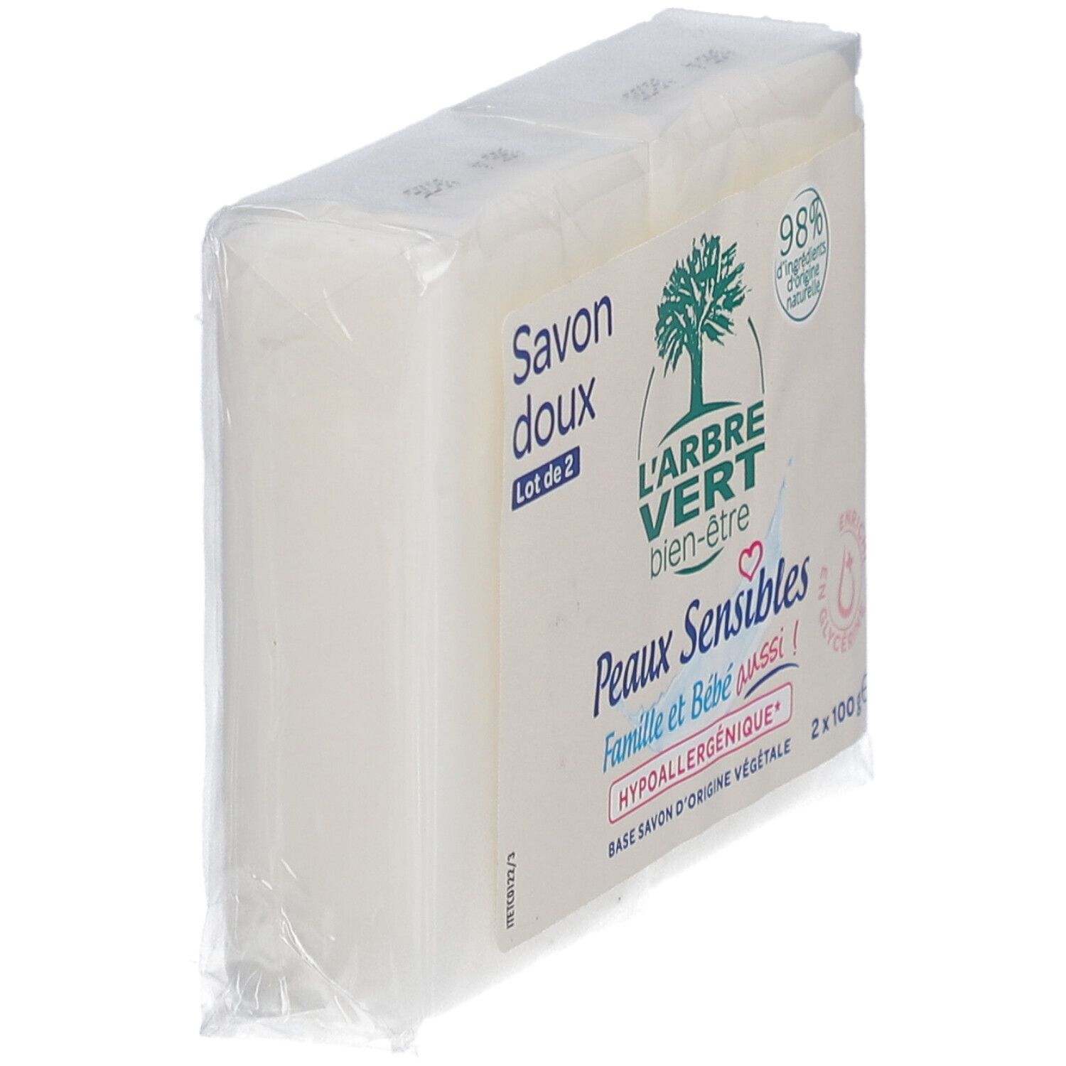 Emballage de deux savons. Inscriptions: L'ARBRE VERT, Savon doux, Peaux Sensibles, 98% ingrédients naturels.