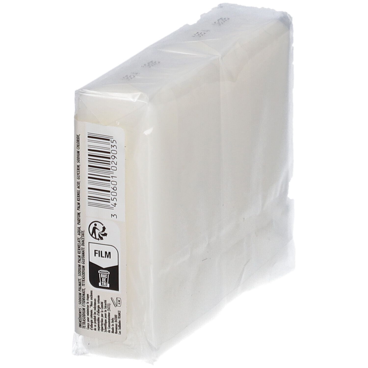 Emballage transparent avec informations produit. Inscriptions: Film, liste ingrédients, symbole recyclage.