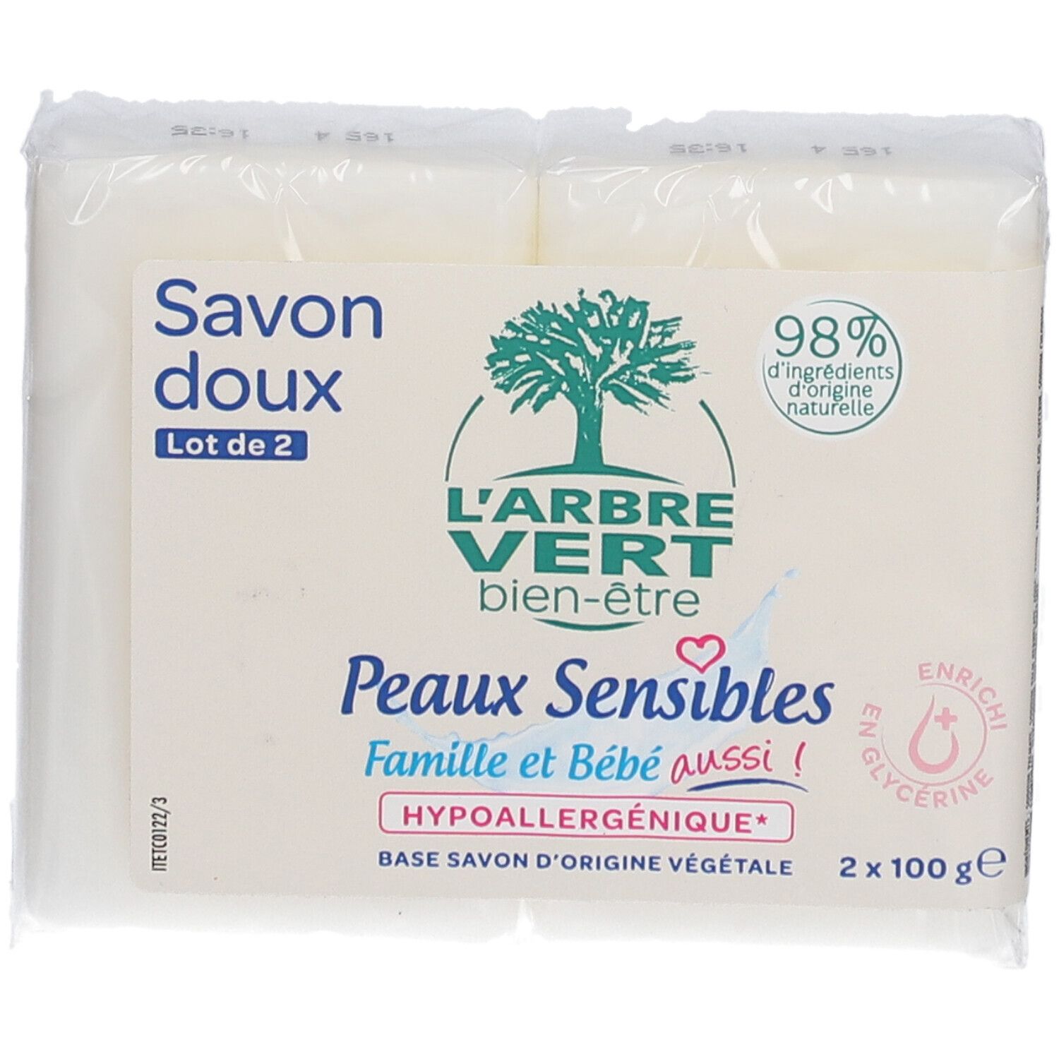 Emballage de deux savons. Inscriptions: L'ARBRE VERT, Savon doux, Peaux Sensibles, 98% ingrédients naturels, 2 x 100g.