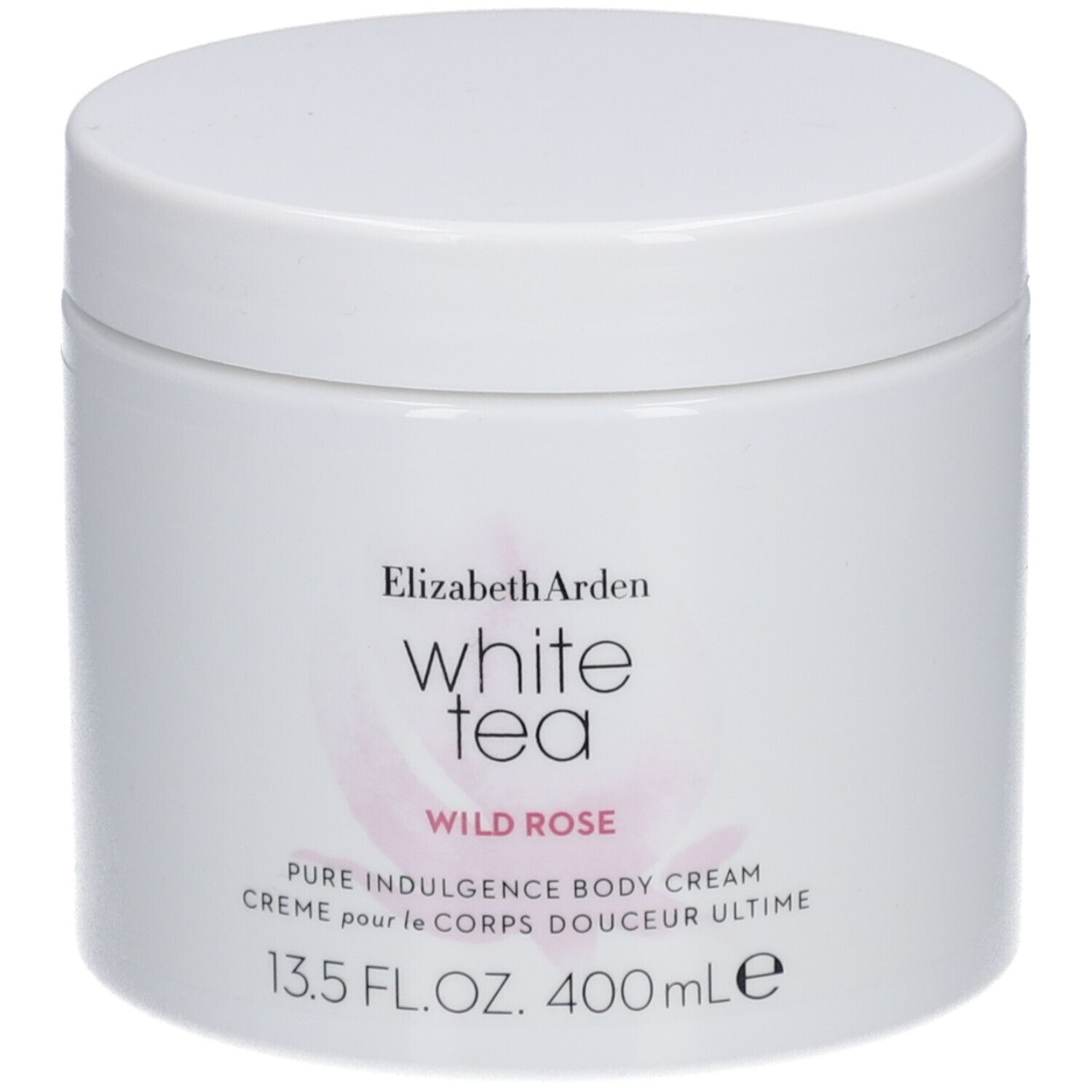 Witte pot met deksel. Opschrift: Elizabeth Arden White Tea Wild Rose Pure Indulgence Body Cream. 13.5 FL.OZ. 400ml.