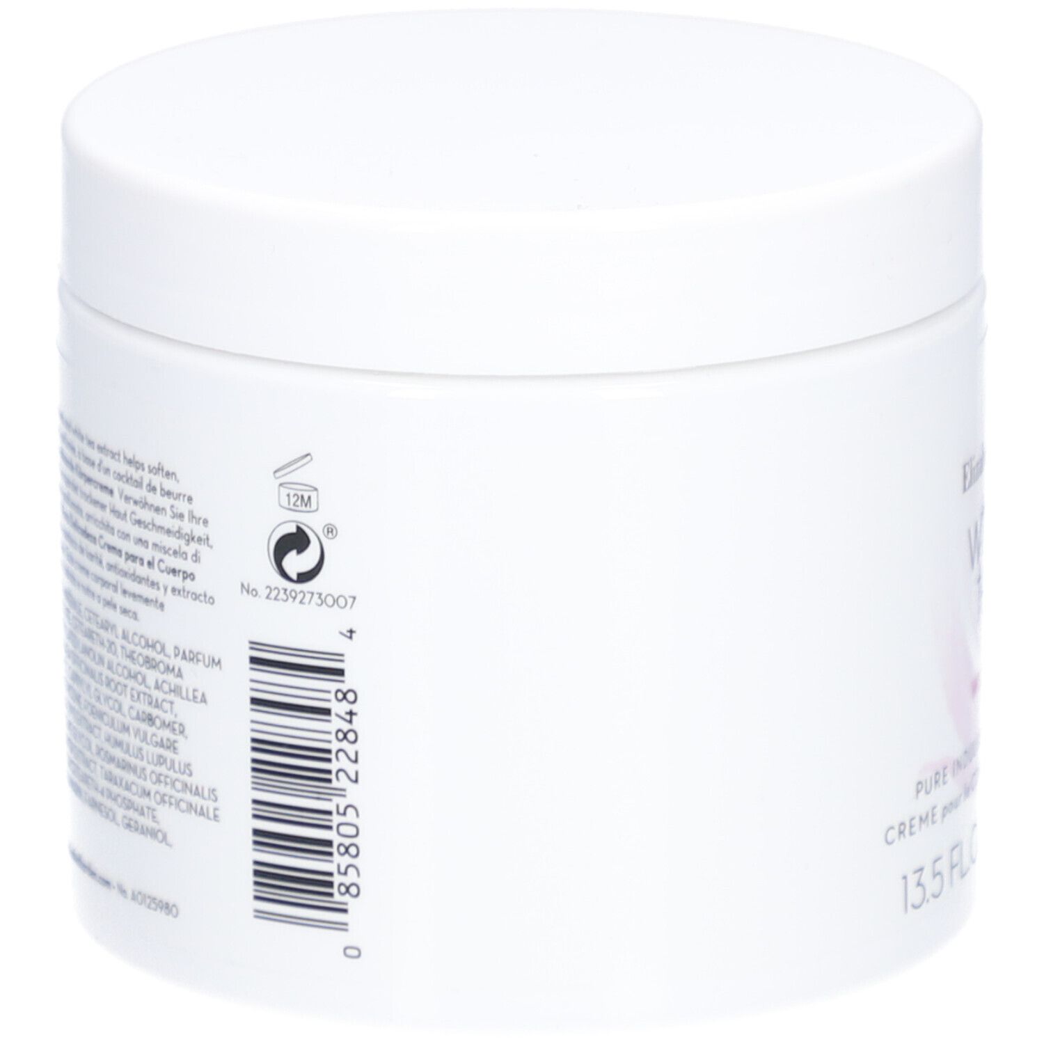 Witte pot, zijaanzicht. Streepjescode en tekst op de zijkant. 12M-symbool.