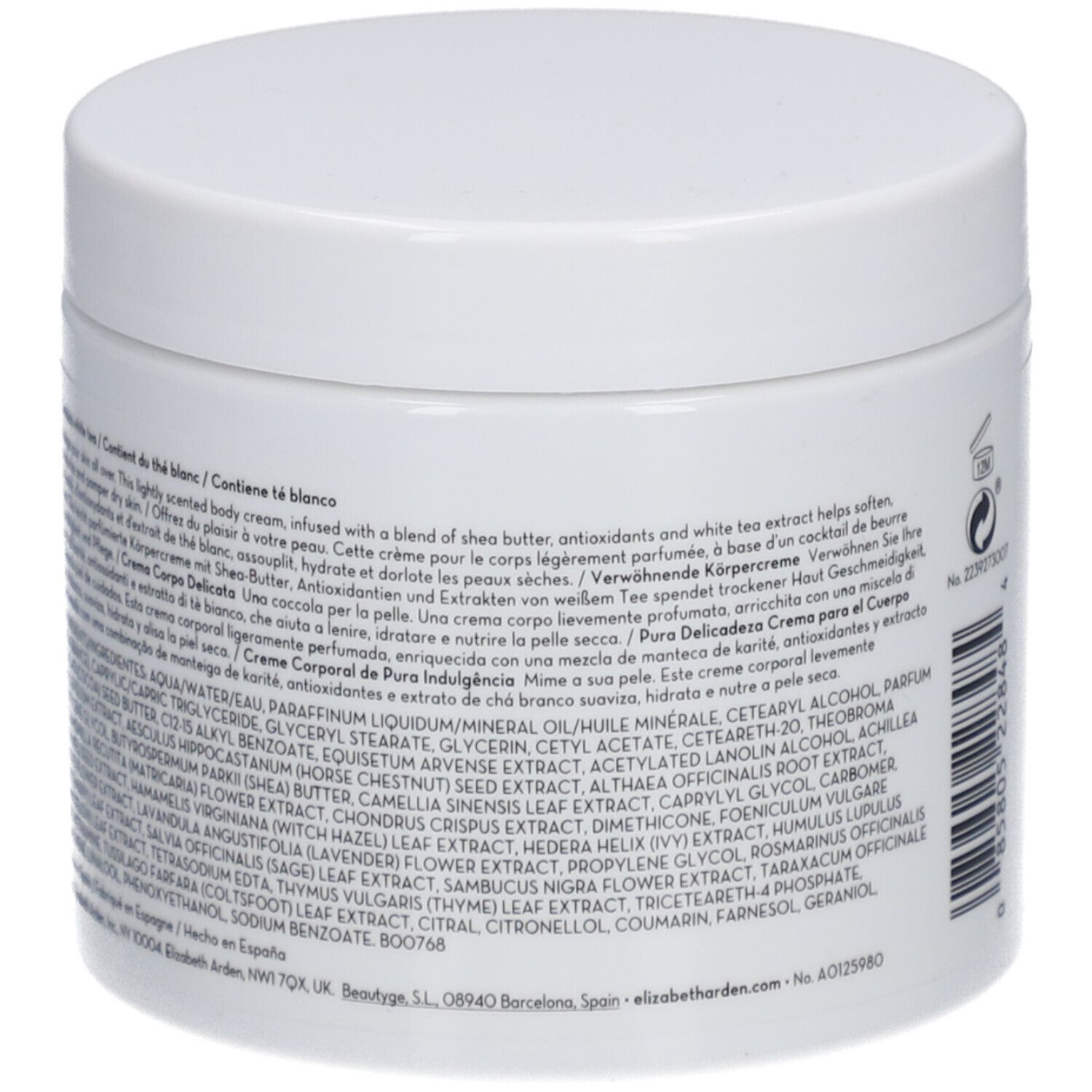 Witte pot, achterkant met tekst. Ingrediënten en productbeschrijving in meerdere talen.