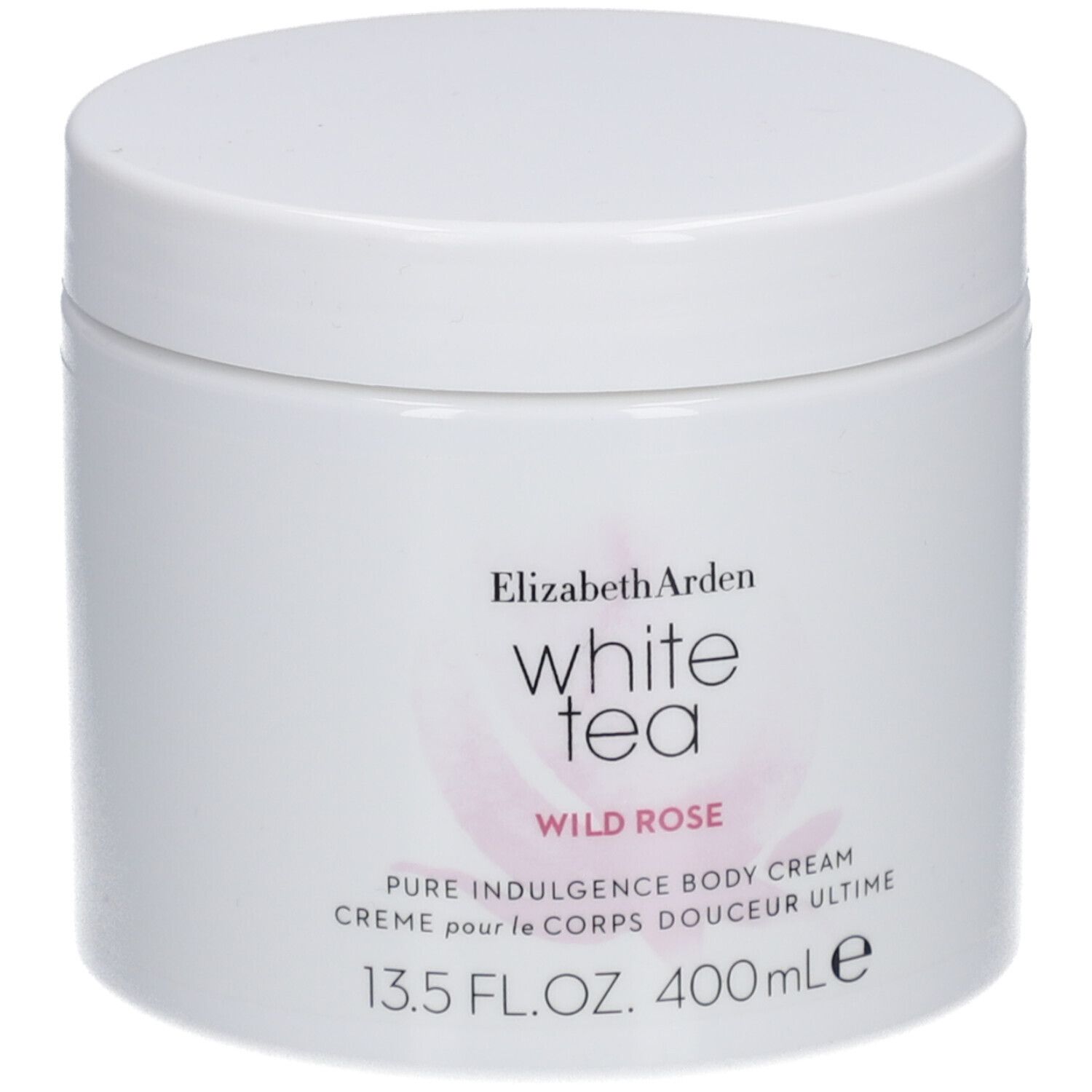 Witte pot met deksel. Opschrift: Elizabeth Arden White Tea Wild Rose Pure Indulgence Body Cream. 13.5 FL.OZ. 400ml.