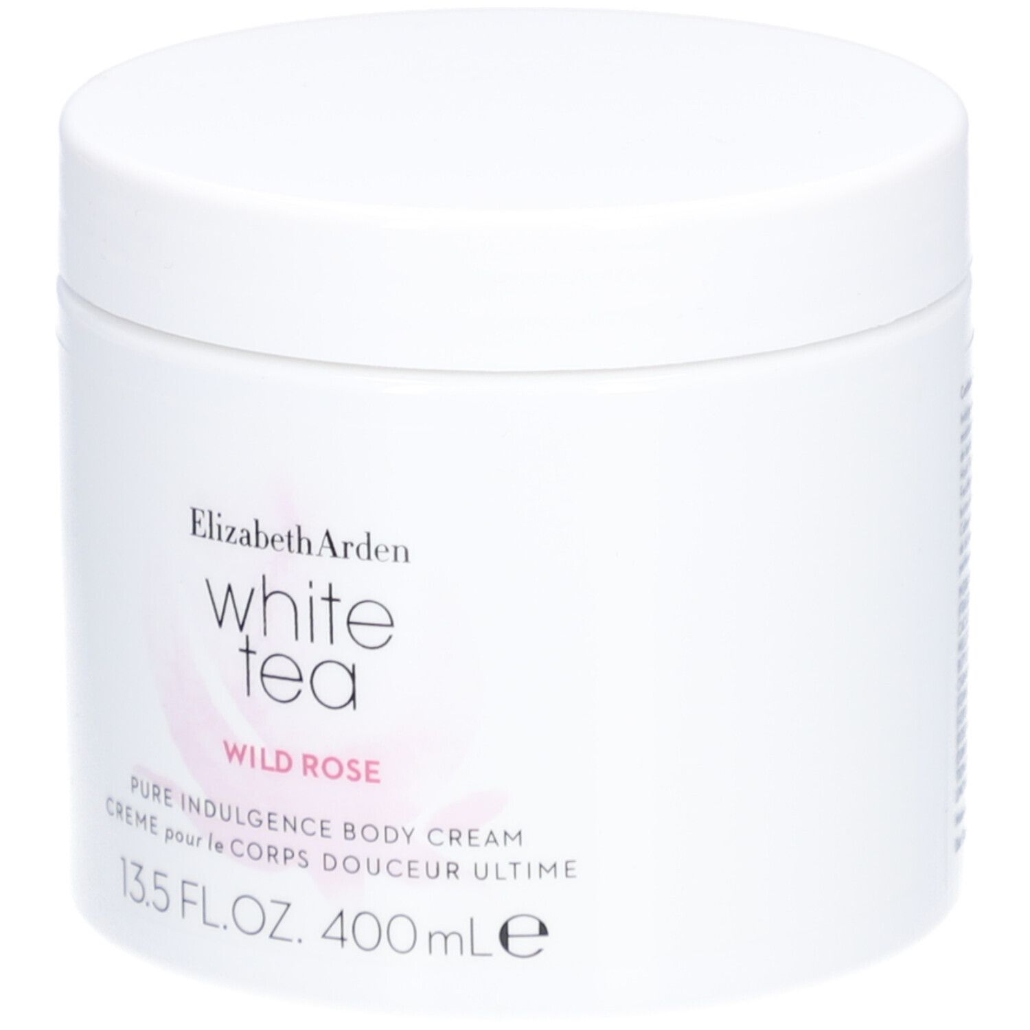 Witte pot met deksel. Opschrift: Elizabeth Arden White Tea Wild Rose Pure Indulgence Body Cream. 13.5 FL.OZ. 400ml.