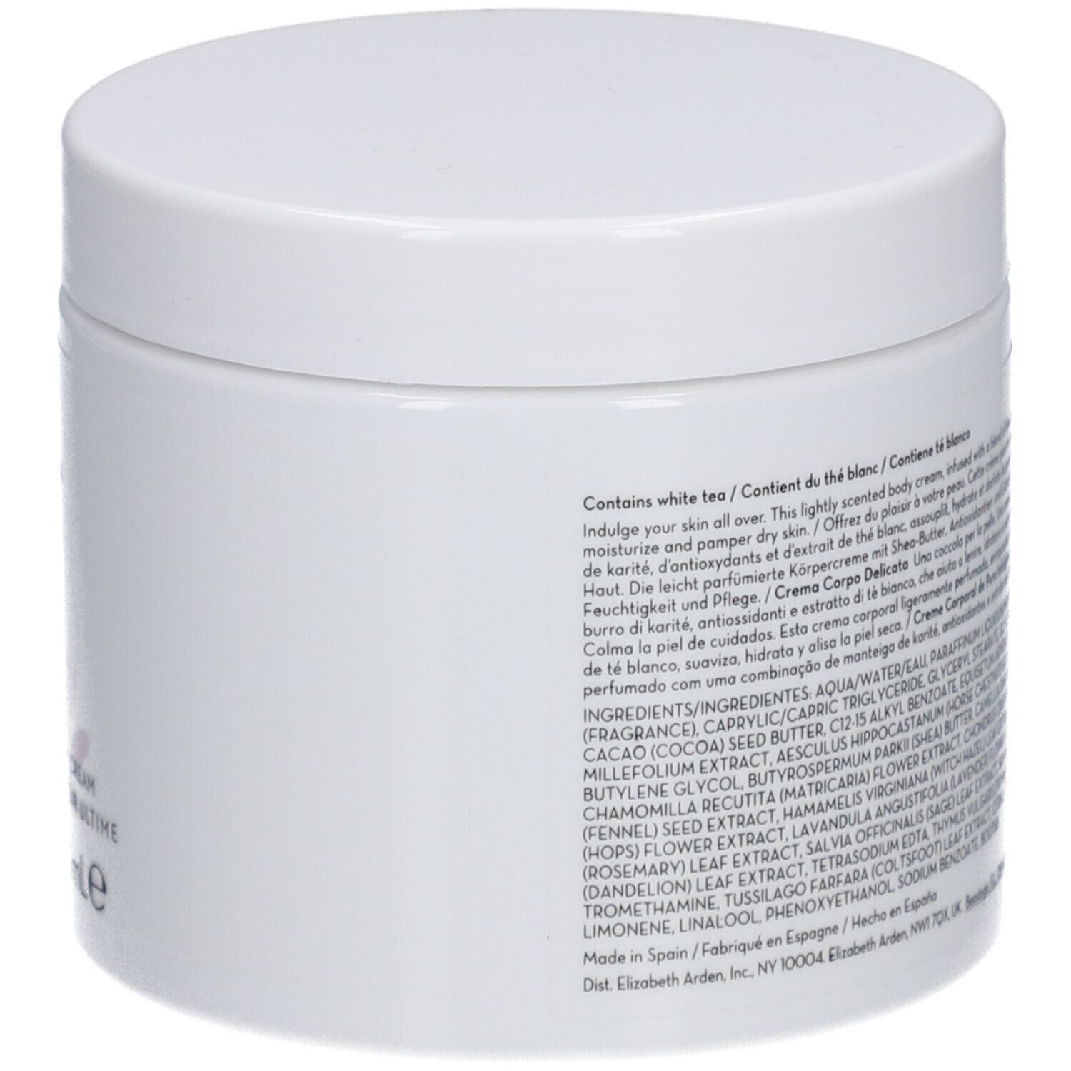 Witte pot, achterkant met tekst. Bevat witte thee. Ingrediënten en productbeschrijving.