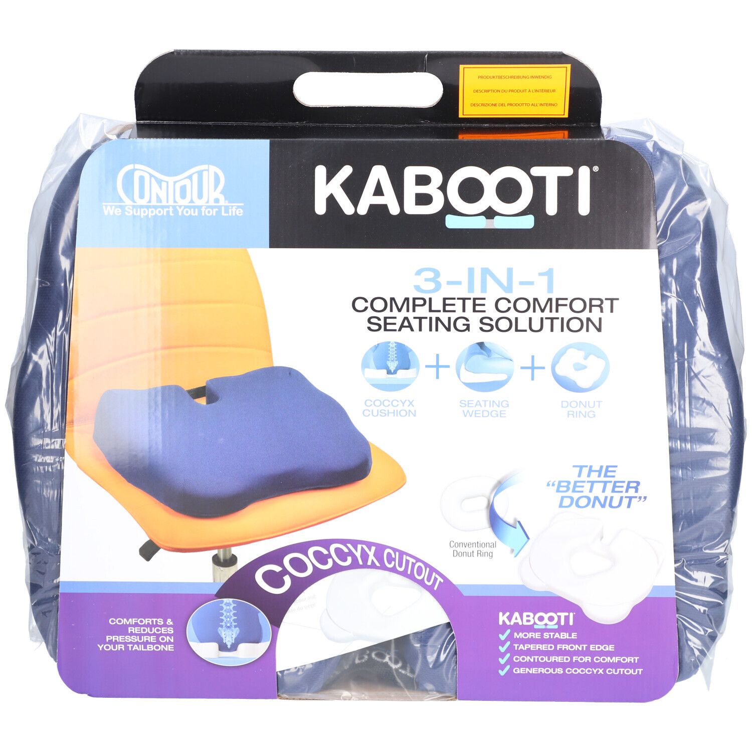 Coussin de siège CONTOUR Kabooti® 3-en-1 bleu dans son emballage. Avec découpe coccyx, cale d'assise et anneau. Informations imprimées.