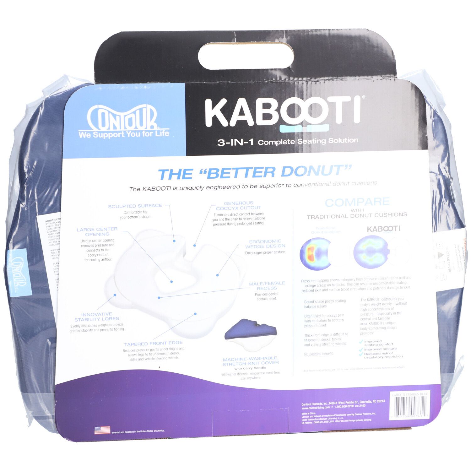 Dos de l'emballage du coussin de siège CONTOUR Kabooti®. Schémas et caractéristiques du produit. Texte "The Better Donut".