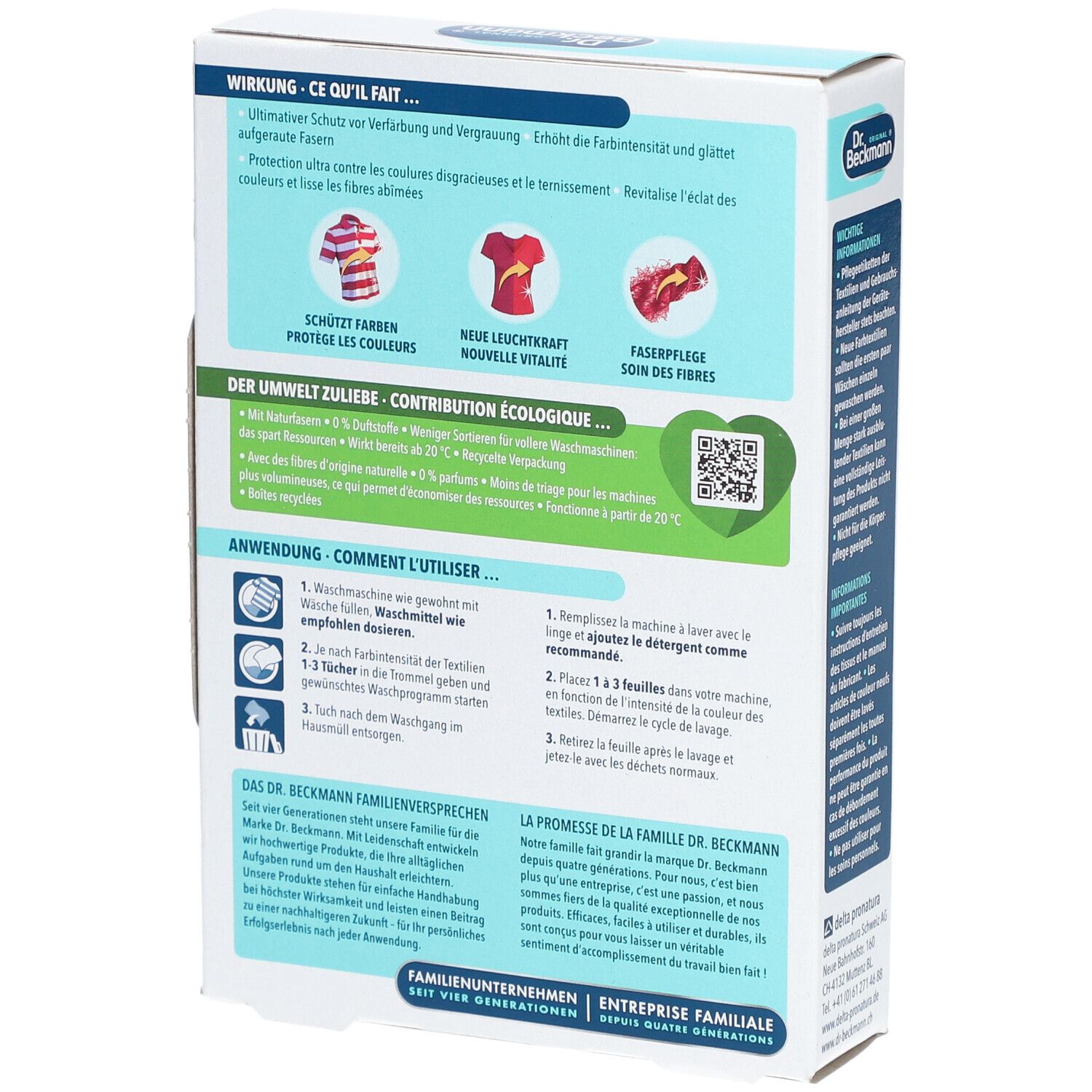 Achterkant van de verpakking van Dr. Beckmann Anti-Bleaching-Tissues. Tekst in het Duits, Frans, Italiaans en Nederlands. Gebruiksaanwijzing.