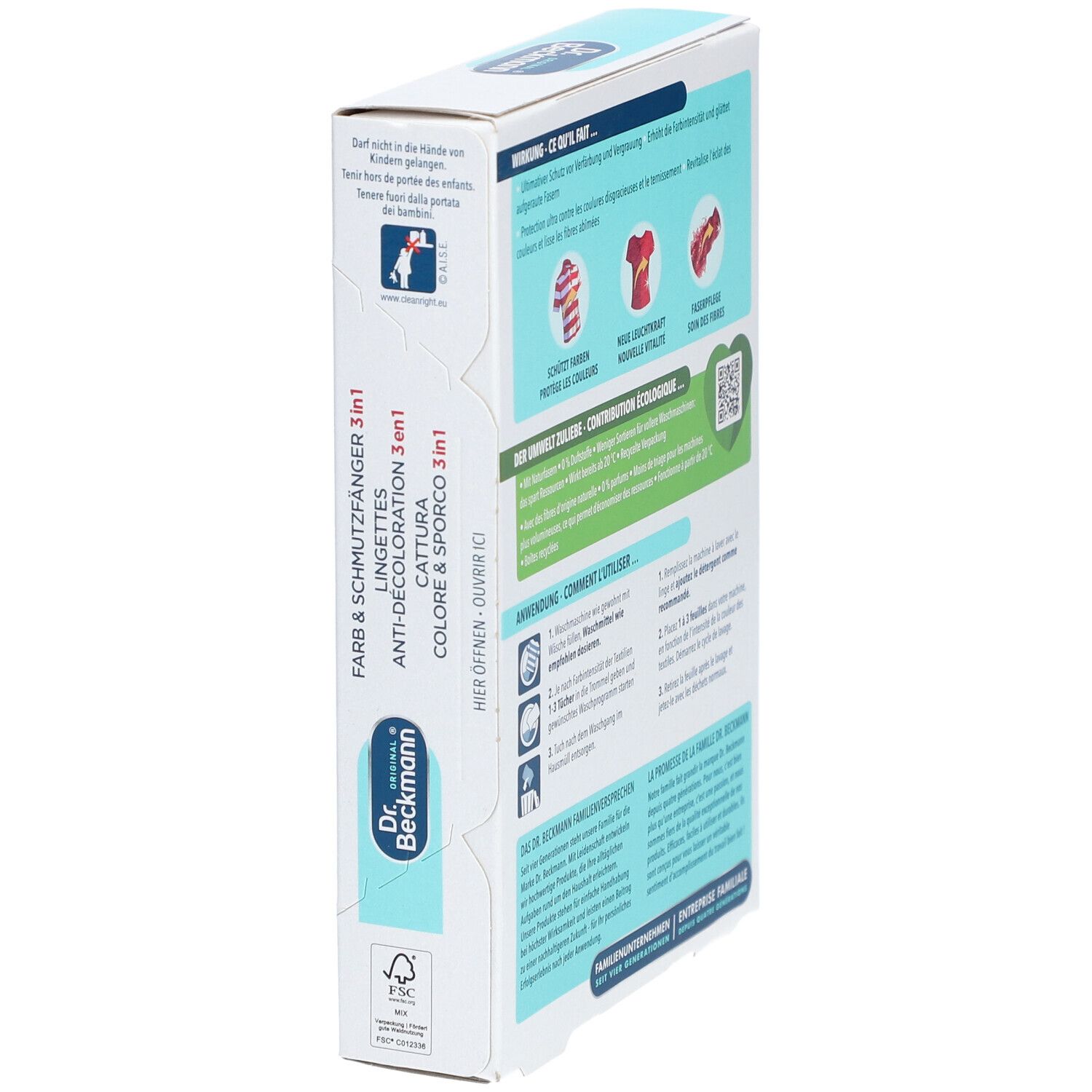 Schuine weergave van de verpakking van Dr. Beckmann Anti-Bleaching-Tissues. Tekst in het Duits, Frans, Italiaans en Nederlands. Gebruiksaanwijzing.