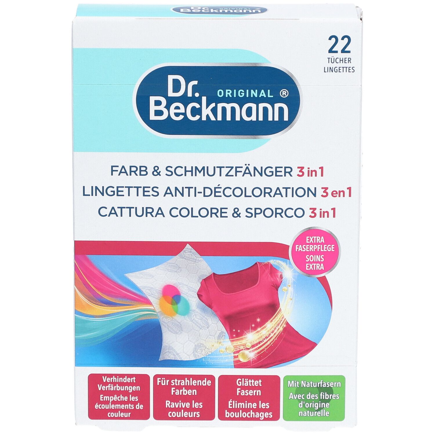 Verpakking van Dr. Beckmann Anti-Bleaching-Tissues. 22 tissues. Tekst in het Duits, Frans, Italiaans en Nederlands. Illustraties.