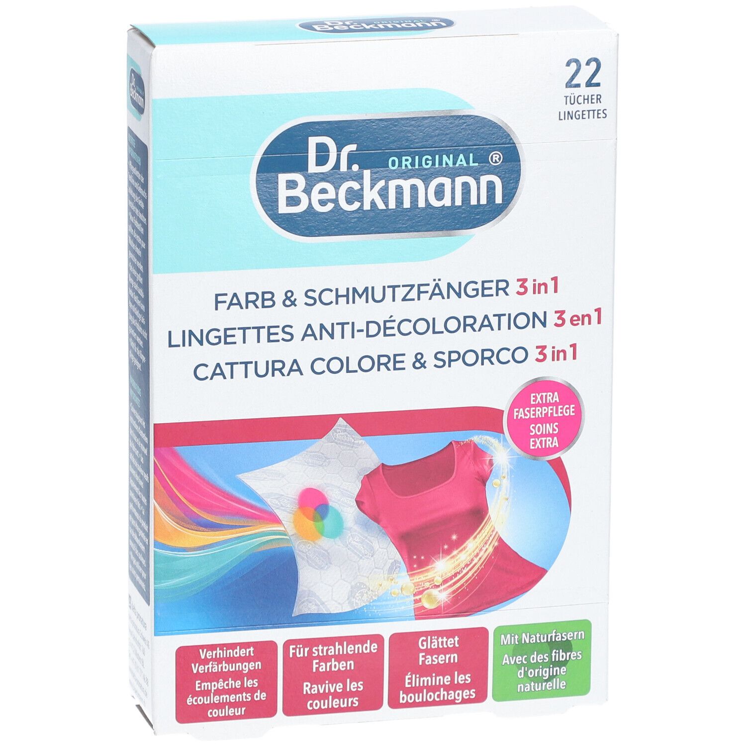 Verpakking van Dr. Beckmann Anti-Bleaching-Tissues. 22 tissues. Tekst in het Duits, Frans, Italiaans en Nederlands. Illustraties.
