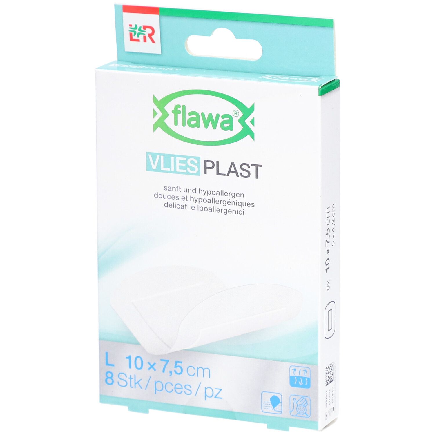 Verpakking flawa Vlies Plast pleisters. Afmeting 10 x 7,5 cm, 8 stuks. Zachte, hypoallergene pleister.