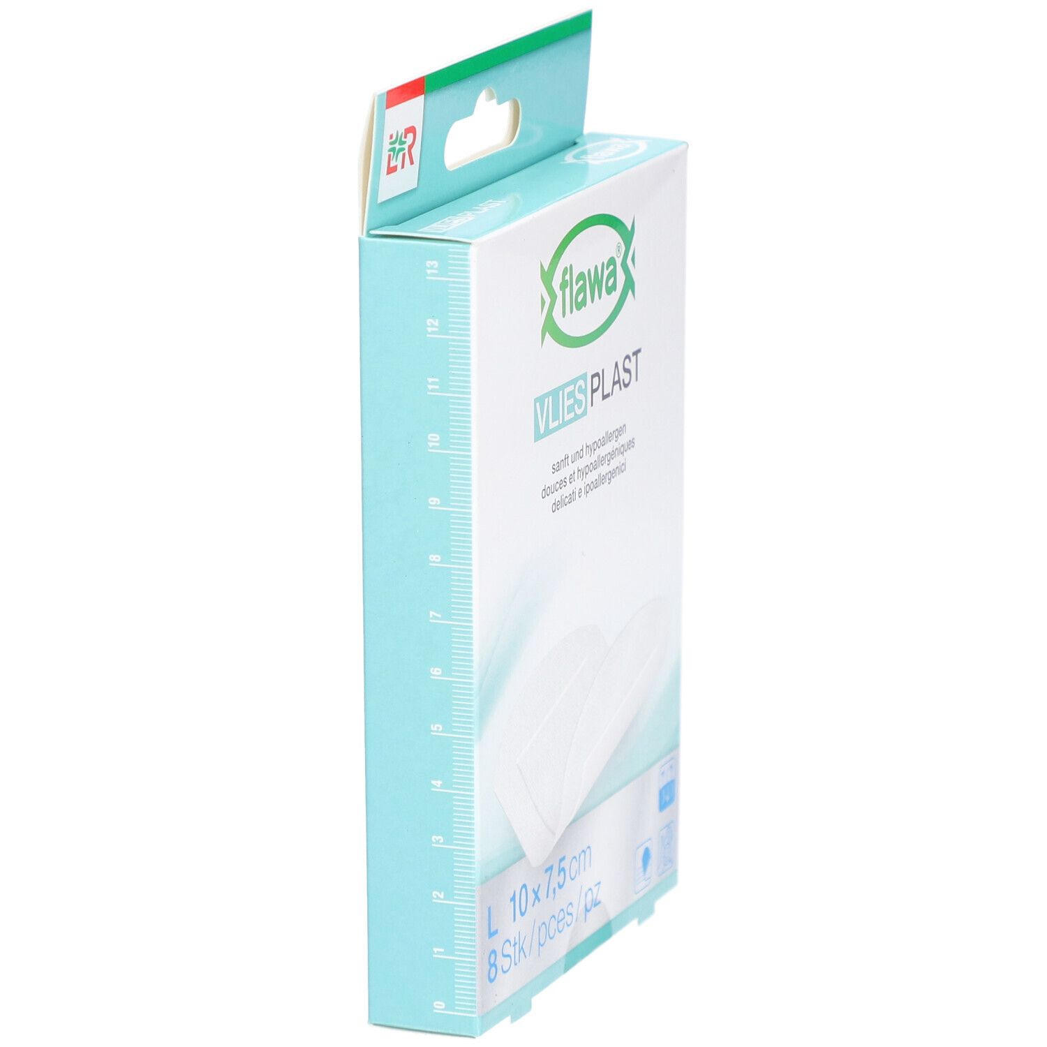 Zijkant verpakking flawa Vlies Plast. Afmeting 10 x 7,5 cm, 8 stuks. Zachte, hypoallergene pleister.