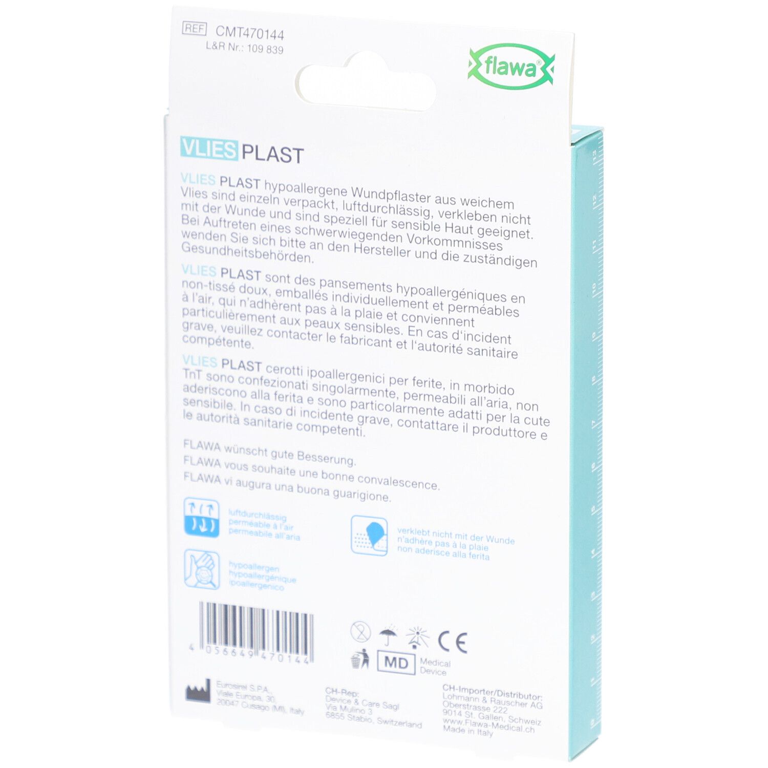 Achterkant verpakking. Tekst in Duits, Frans en Italiaans. Informatie over flawa Vlies Plast, hypoallergene pleister.