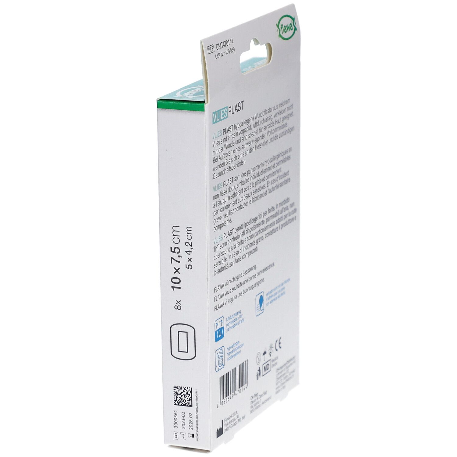 Zijkant verpakking flawa Vlies Plast. Afmeting 10 x 7,5 cm, 8 stuks. Zachte, hypoallergene pleister.