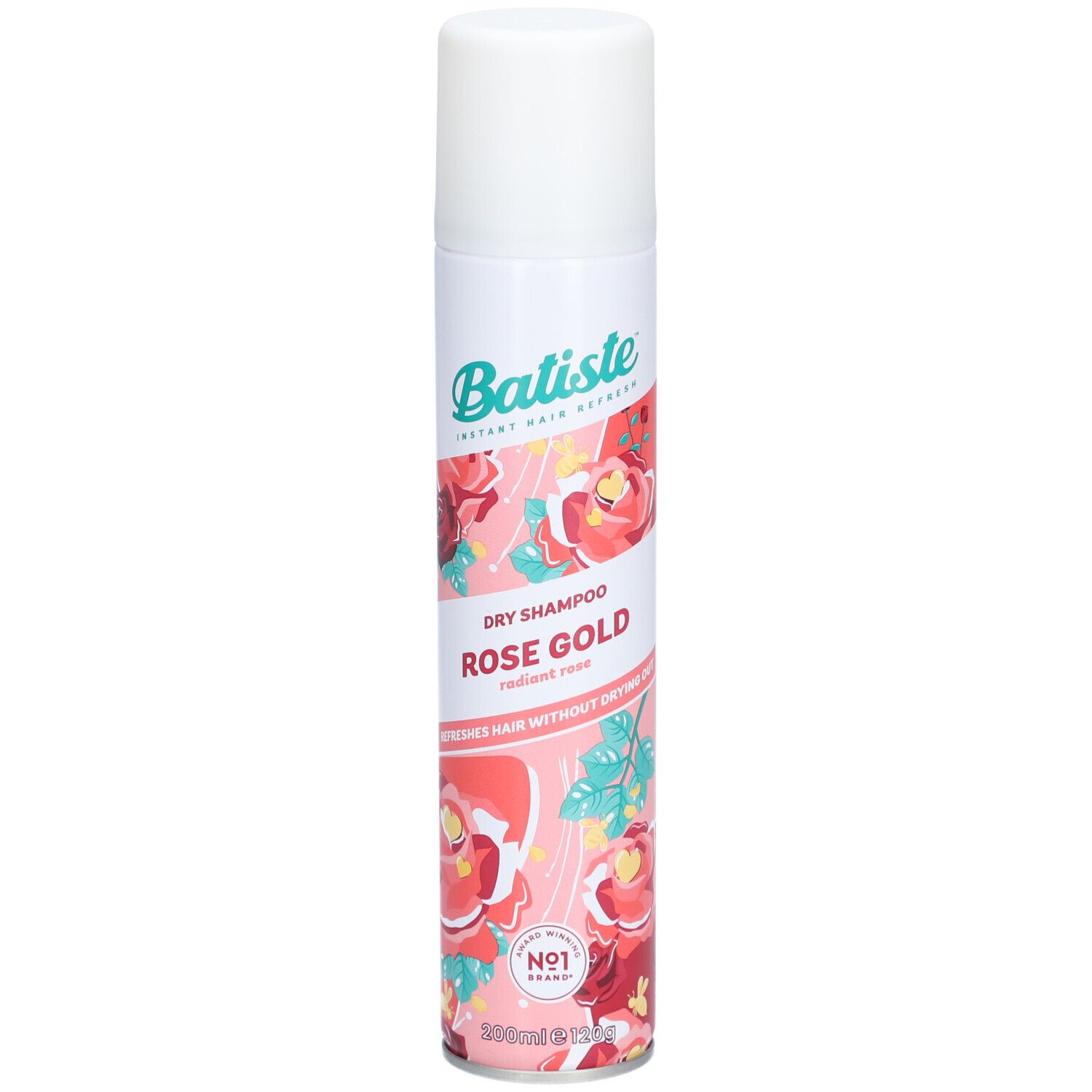 Shampooing sec Batiste Rose Gold. Récipient blanc avec motif floral. Nom du produit et marque visibles.