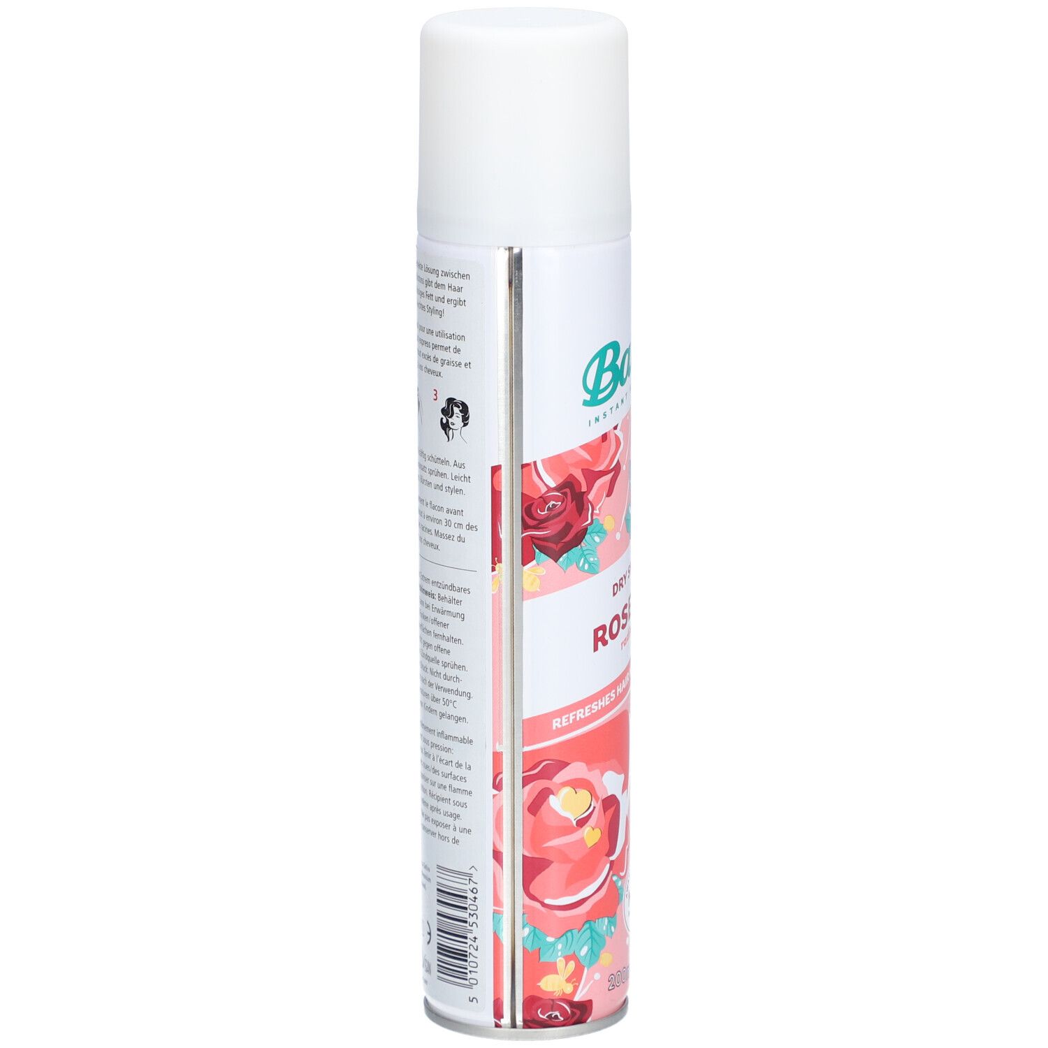 Shampooing sec Batiste Rose Gold. Vue latérale du récipient blanc avec texte et motif floral. Informations produit.