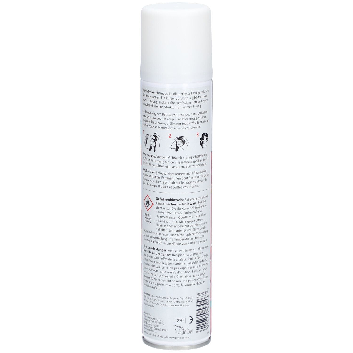 Shampooing sec Batiste Rose Gold. Dos du récipient blanc avec texte. Instructions d'utilisation et avertissements.
