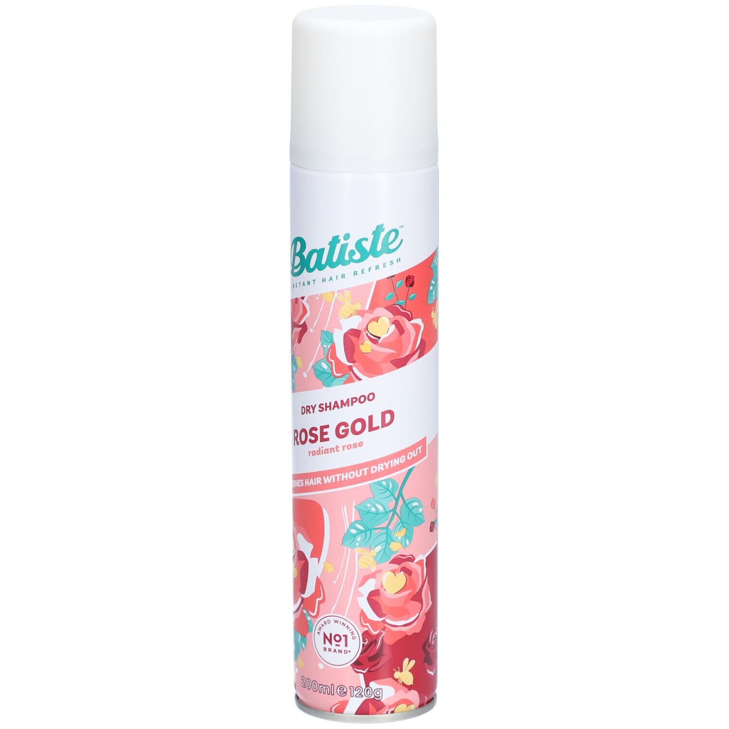 Shampooing sec Batiste Rose Gold. Récipient blanc avec motif floral. Nom du produit et marque visibles.