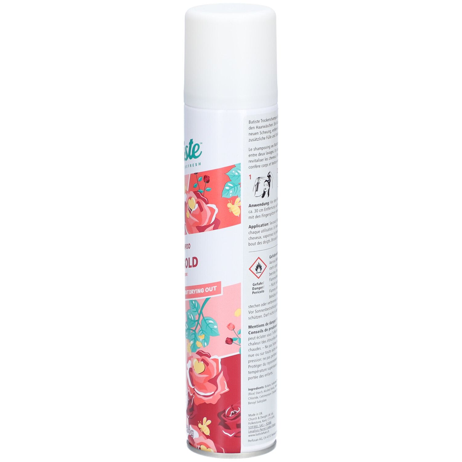 Shampooing sec Batiste Rose Gold. Vue latérale du récipient blanc avec texte et motif floral. Informations produit.