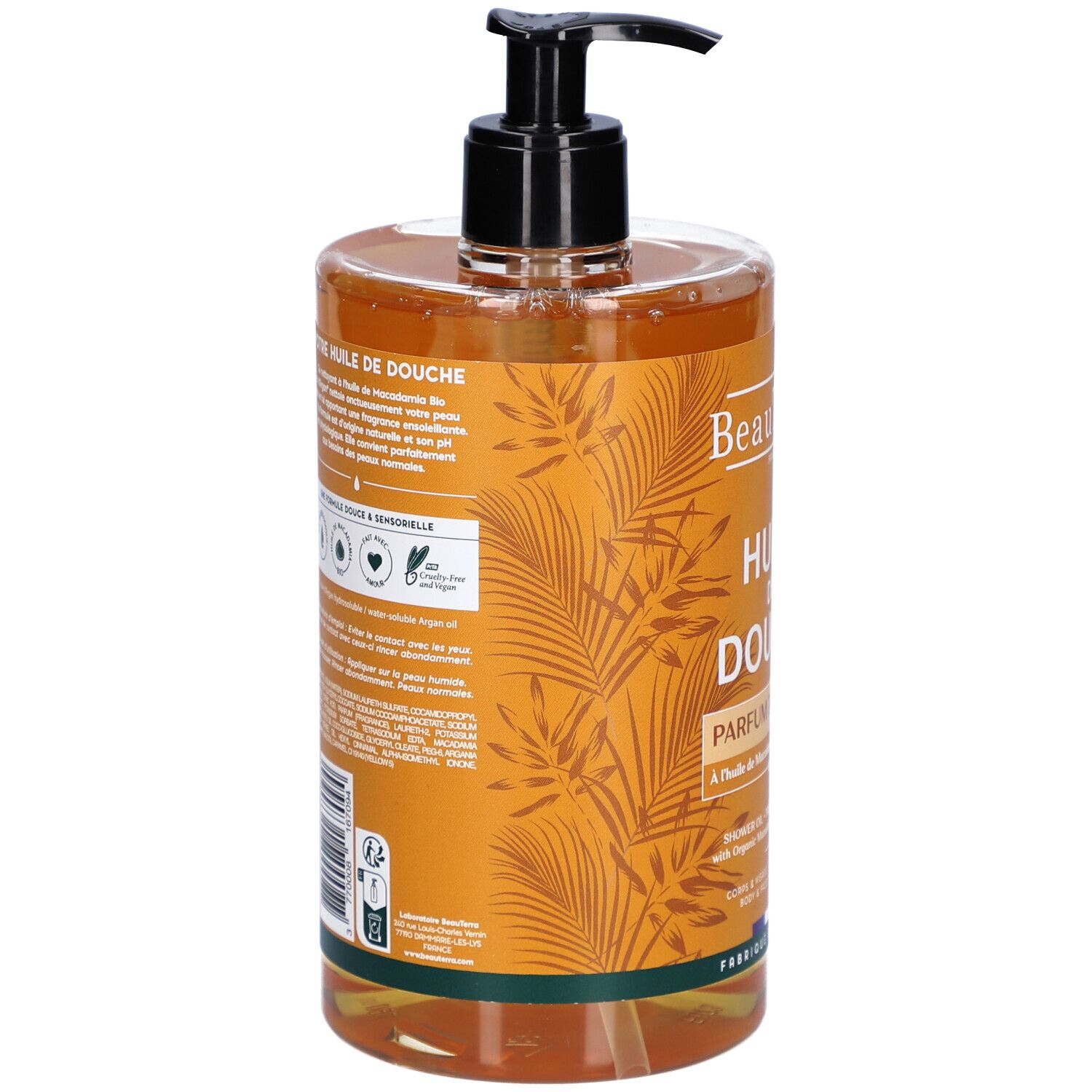 Achteraanzicht van een transparante fles met zwarte pomp. Opschriften en tekst.