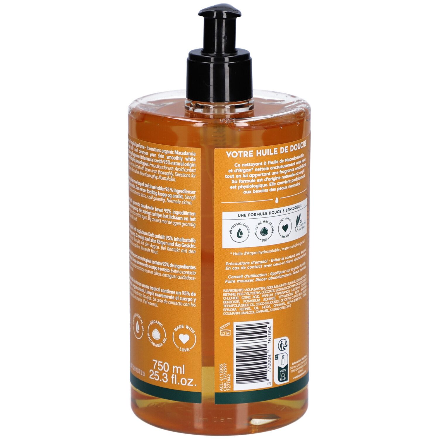 Achteraanzicht van een transparante fles met zwarte pomp. Tekst en volume-aanduiding.