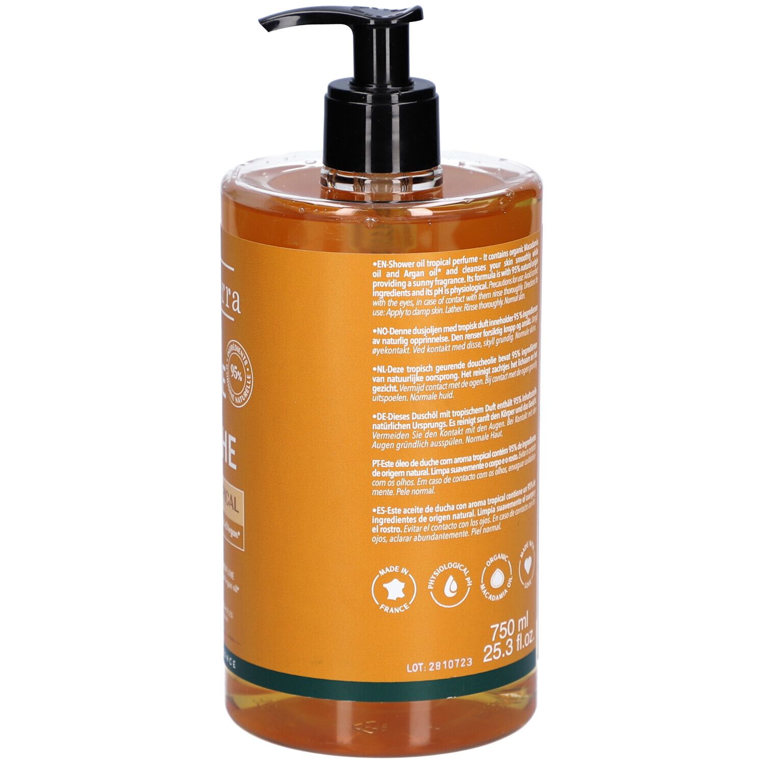 Achteraanzicht van een transparante fles met zwarte pomp. Tekst en volume-aanduiding.