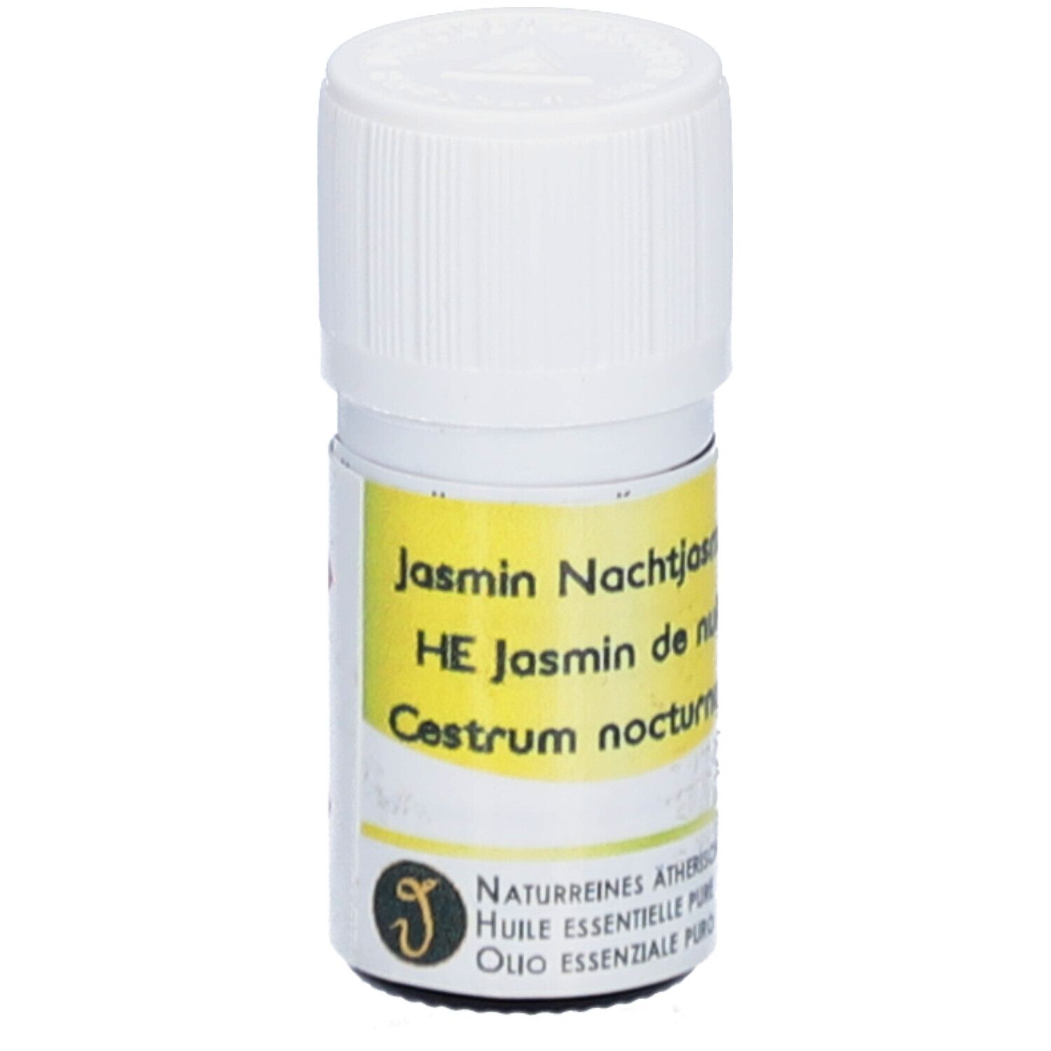 Kleine glazen fles met witte dop. Geel etiket met tekst: Jasmin Nachtjasmin, HE Jasmin de nuit, Cestrum nocturnum. Logo.