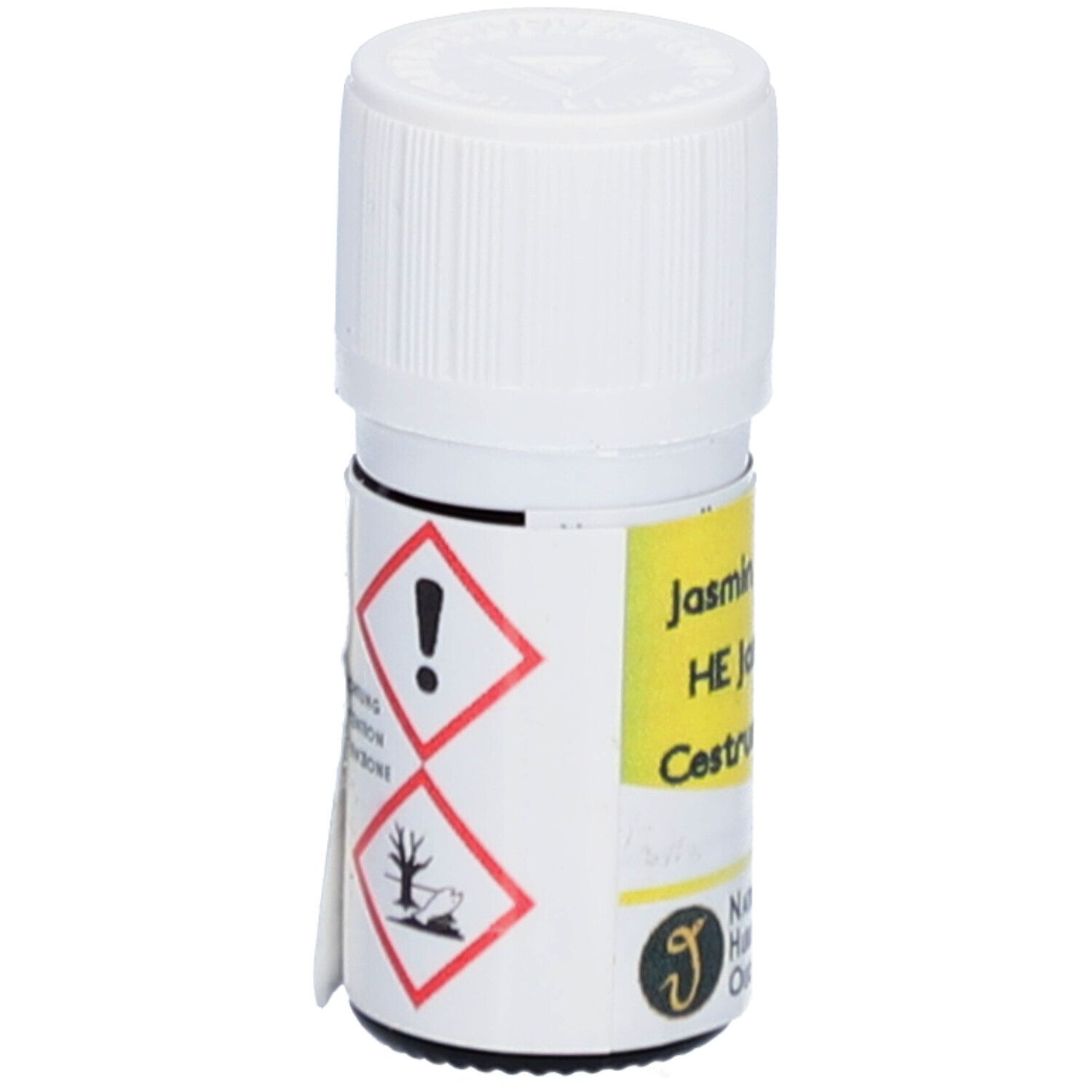 Kleine glazen fles met witte dop. Geel etiket. Waarschuwingssymbolen: uitroepteken, boom/dode vis. Tekst: Jasmin Nachtjasmin.