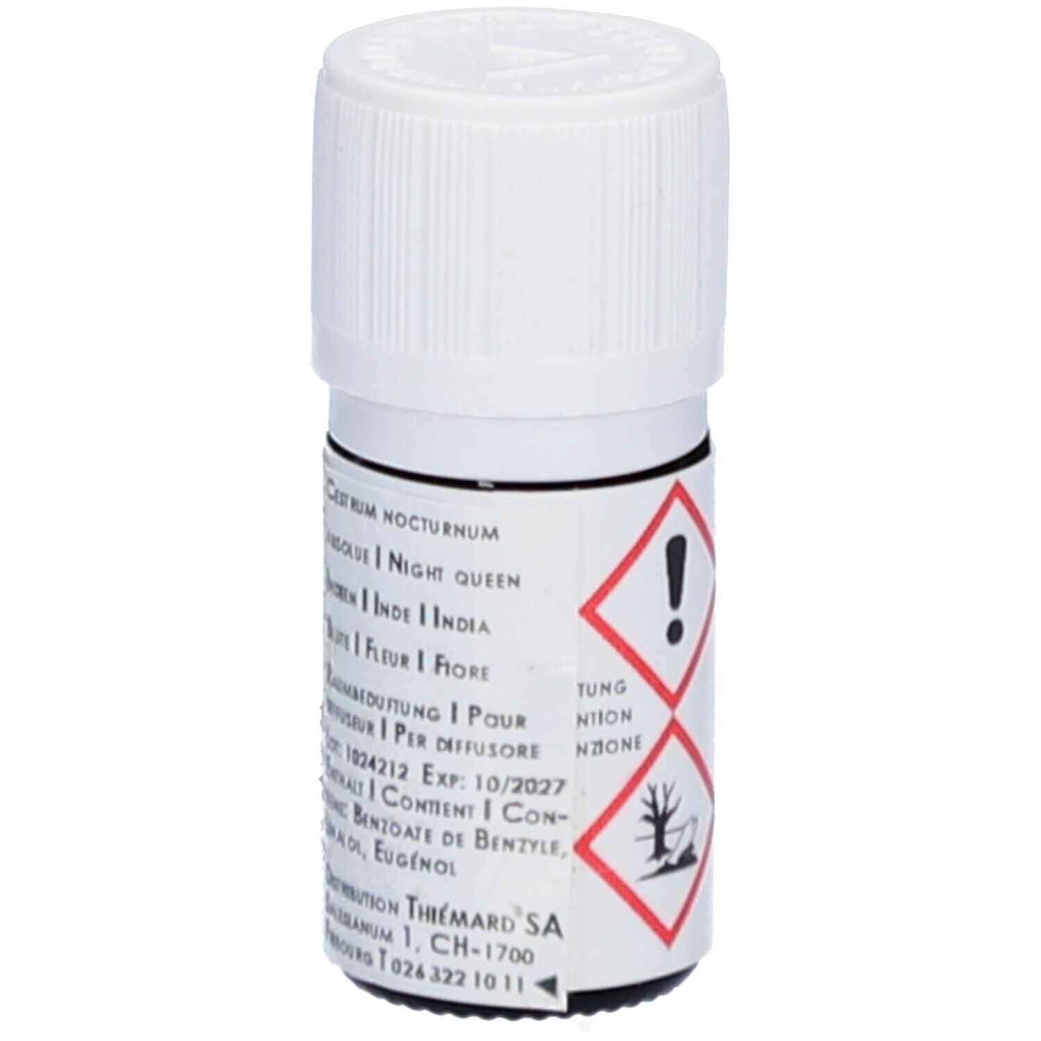 Kleine glazen fles met witte dop. Geel etiket. Waarschuwingssymbolen. Tekst: Cestrum nocturnum, Night queen, inhoud, adres.