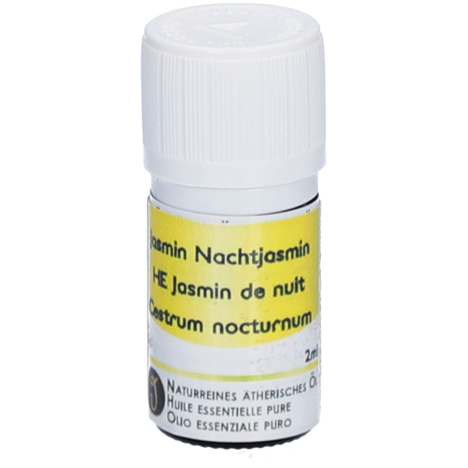 Kleine glazen fles met witte dop. Geel etiket met tekst: Jasmin Nachtjasmin, HE Jasmin de nuit, Cestrum nocturnum. 2ml.