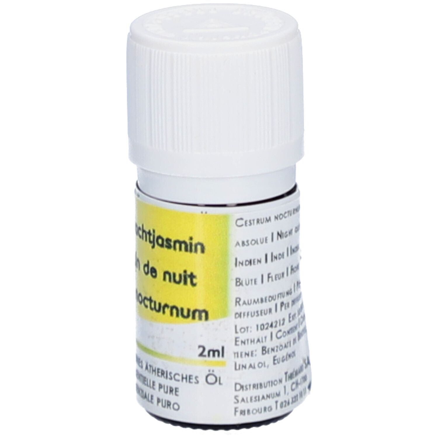 Kleine glazen fles met witte dop. Geel etiket. Tekst: Jasmin Nachtjasmin, HE Jasmin de nuit, Cestrum nocturnum. 2ml. Adres.