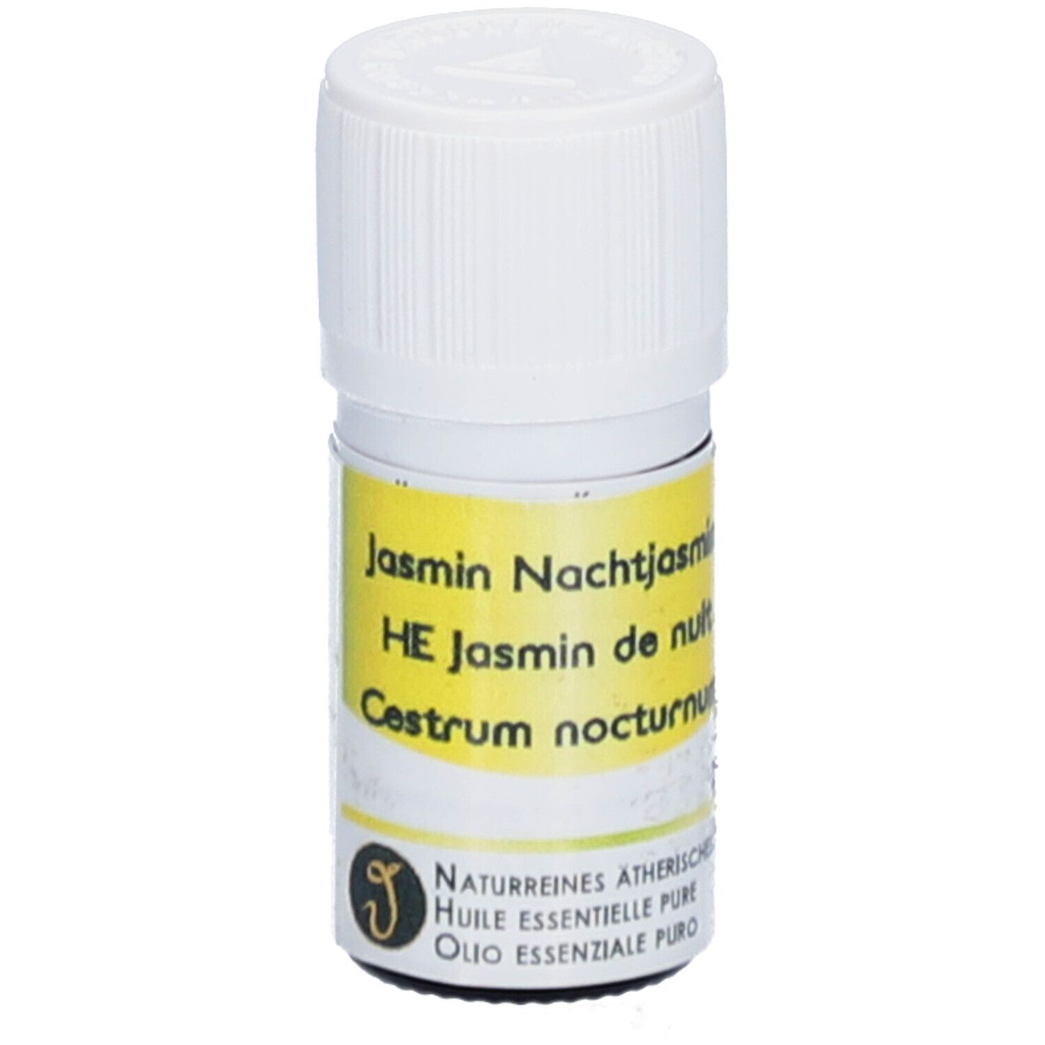 Kleine glazen fles met witte dop. Geel etiket met tekst: Jasmin Nachtjasmin, HE Jasmin de nuit, Cestrum nocturnum. Logo.