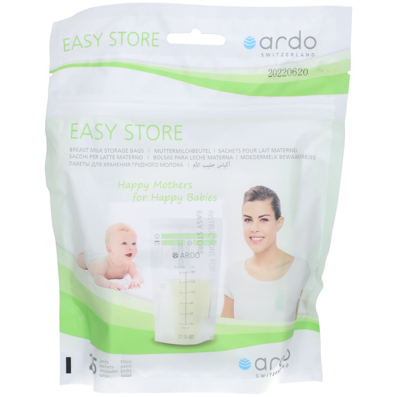 Verpakking met moedermelk bewaarzakjes. Opschrift: EASY STORE, logo, vrouw en baby. Zakje met schaalverdeling.