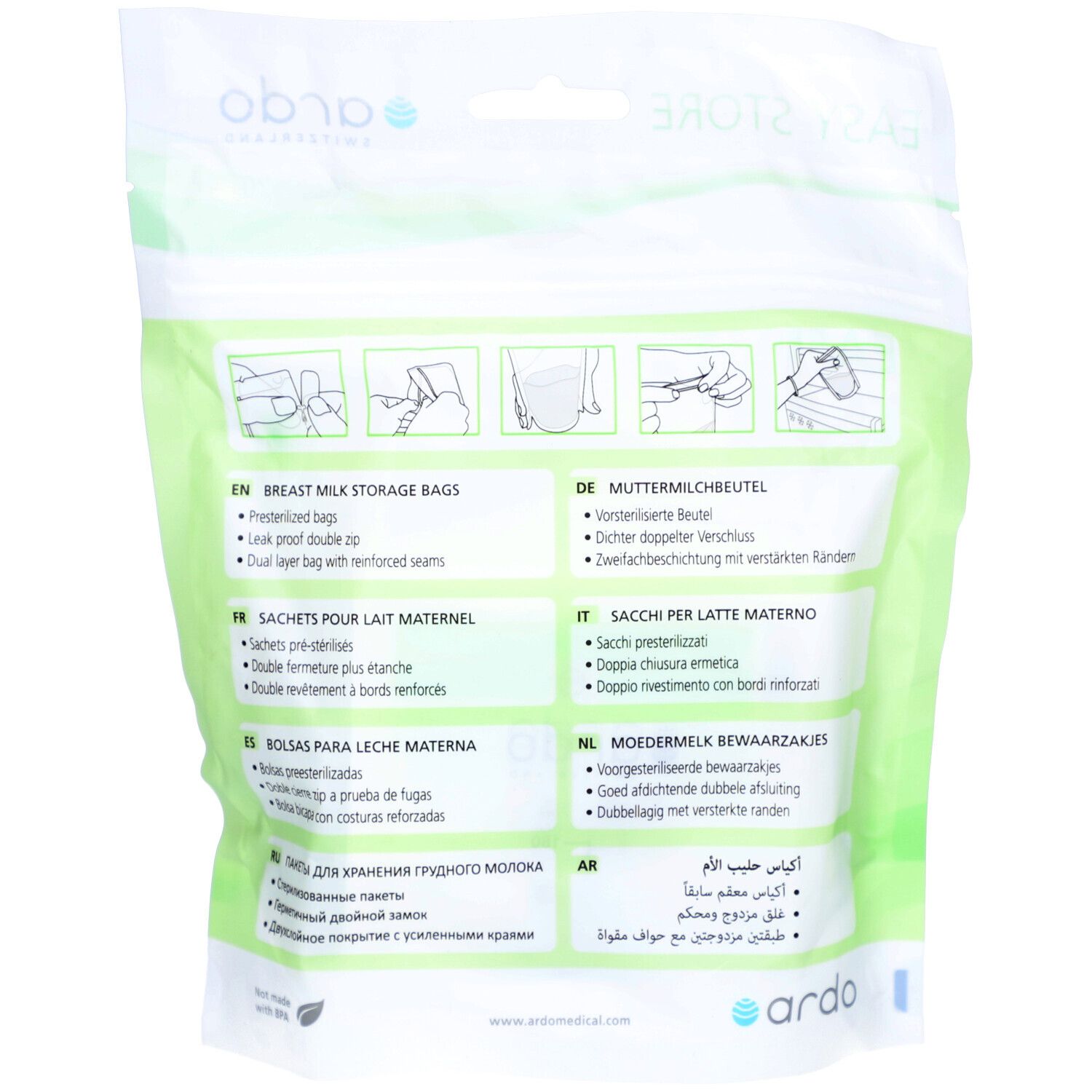 Achterkant van de verpakking met illustraties en teksten in verschillende talen. Productnaam: moedermelk bewaarzakjes.