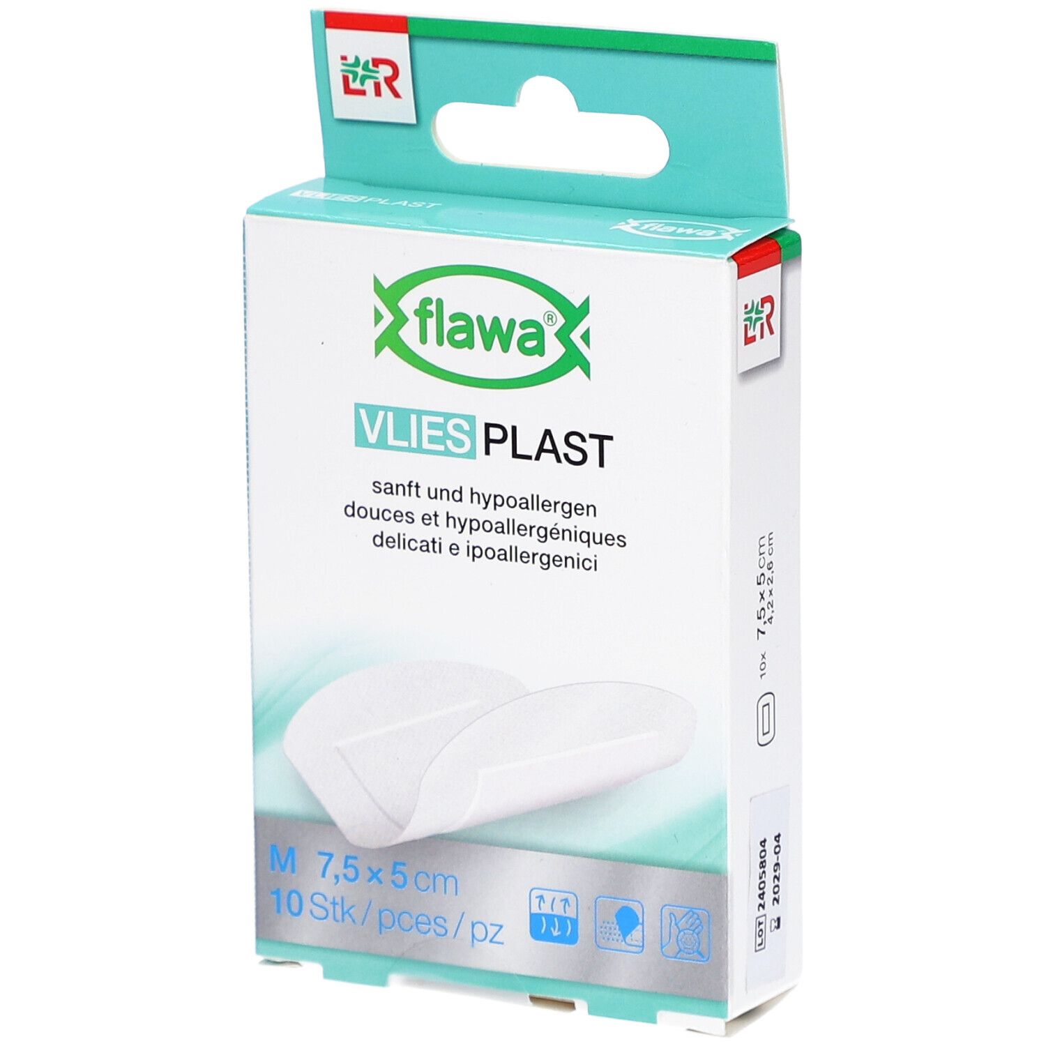 Verpakking van flawa® Vlies Plast pleisters. Witte pleister, 7,5 x 5 cm, 10 stuks. Opschrift: zacht en hypoallergeen.